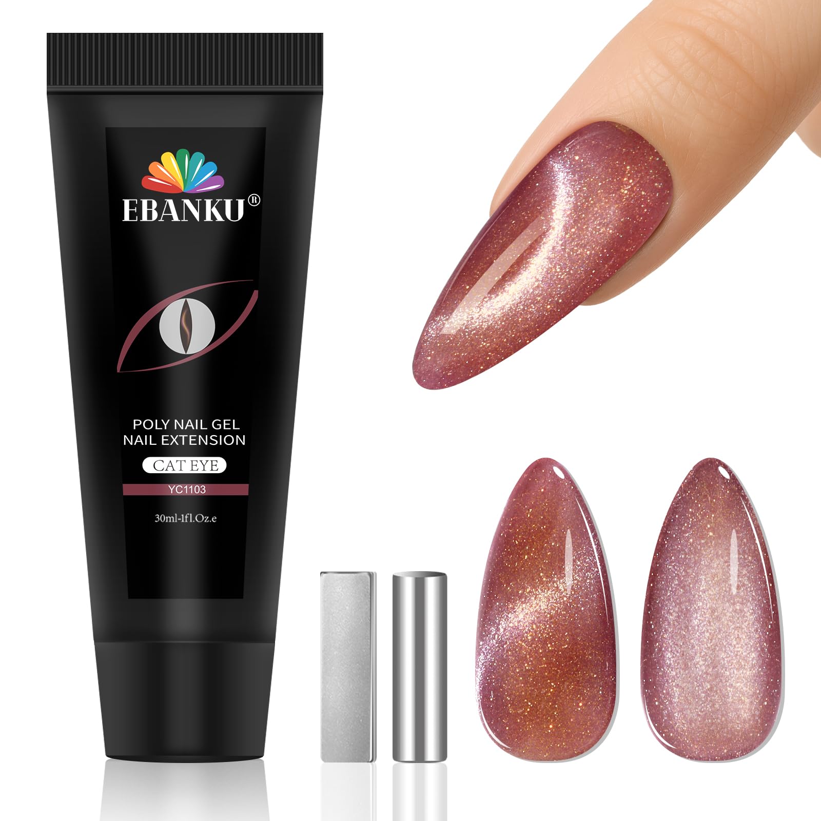 Poly Gel Nail Kit, EBANKU Cat Eye Poly Nail Gel Pink Purple Gold Glitter Magnetic Builder