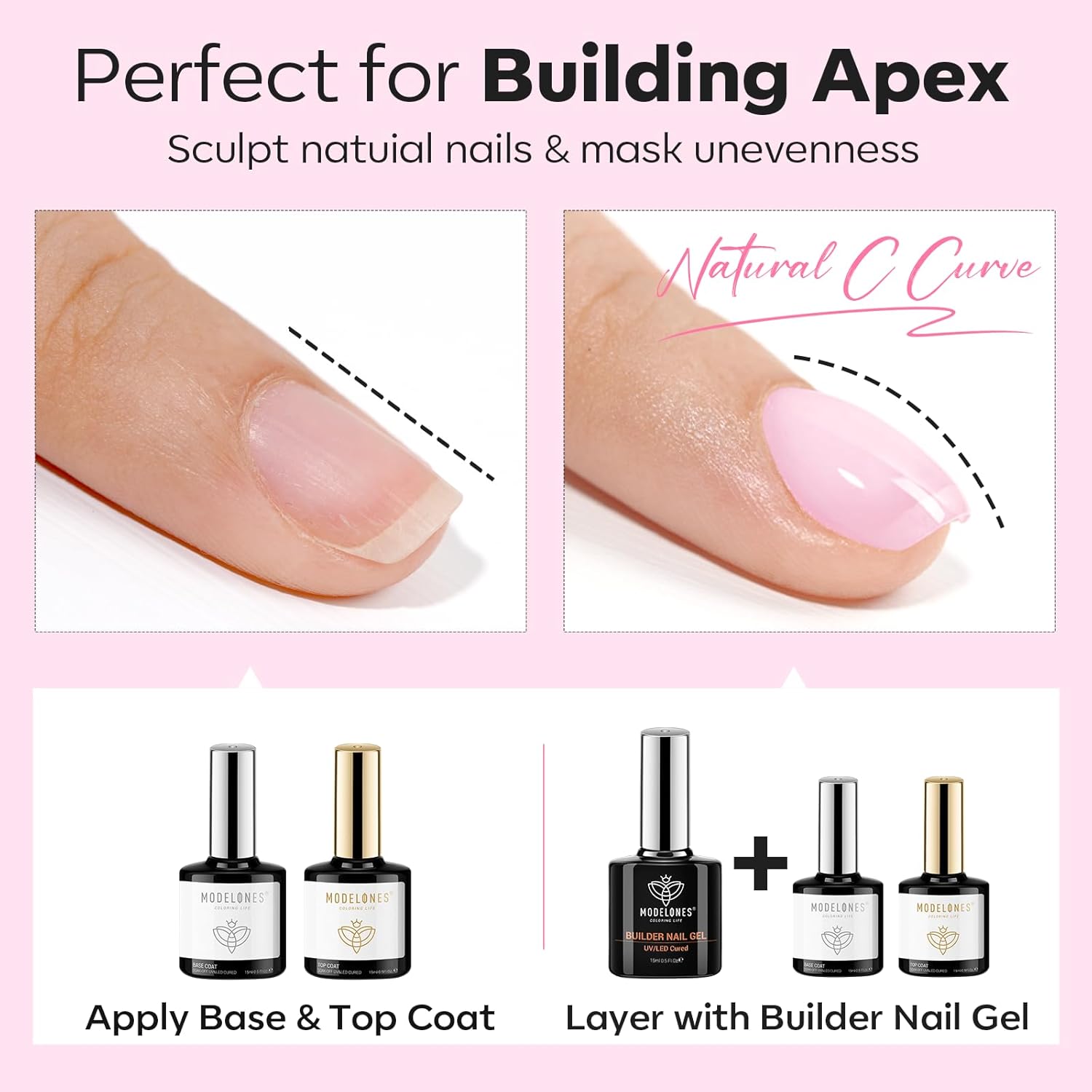 modelones Builder Nail Gel with Gel Top and Base Coat, 3Pcs . Nail Thickening .Apex Building. Nail Extension .Rhinestone Gel Nail Glue, LED Nail Lamp Cured
