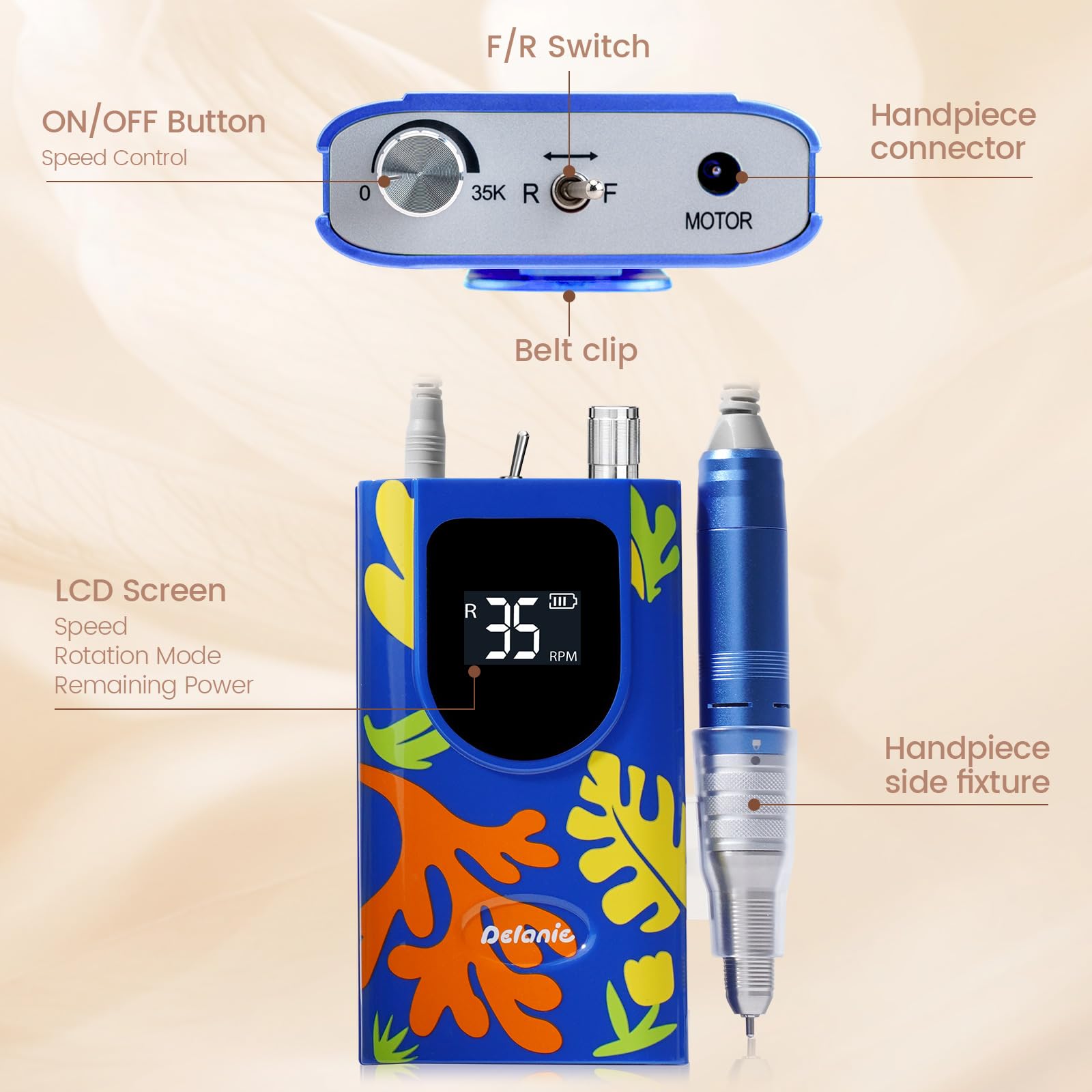 Delanie Professional Nail Drill High Torque 35000 RPM Rechargeable Portable Electric Nail File for Acrylic & Gel, High Speed, Low Heat, Low Vibration (7 colors )