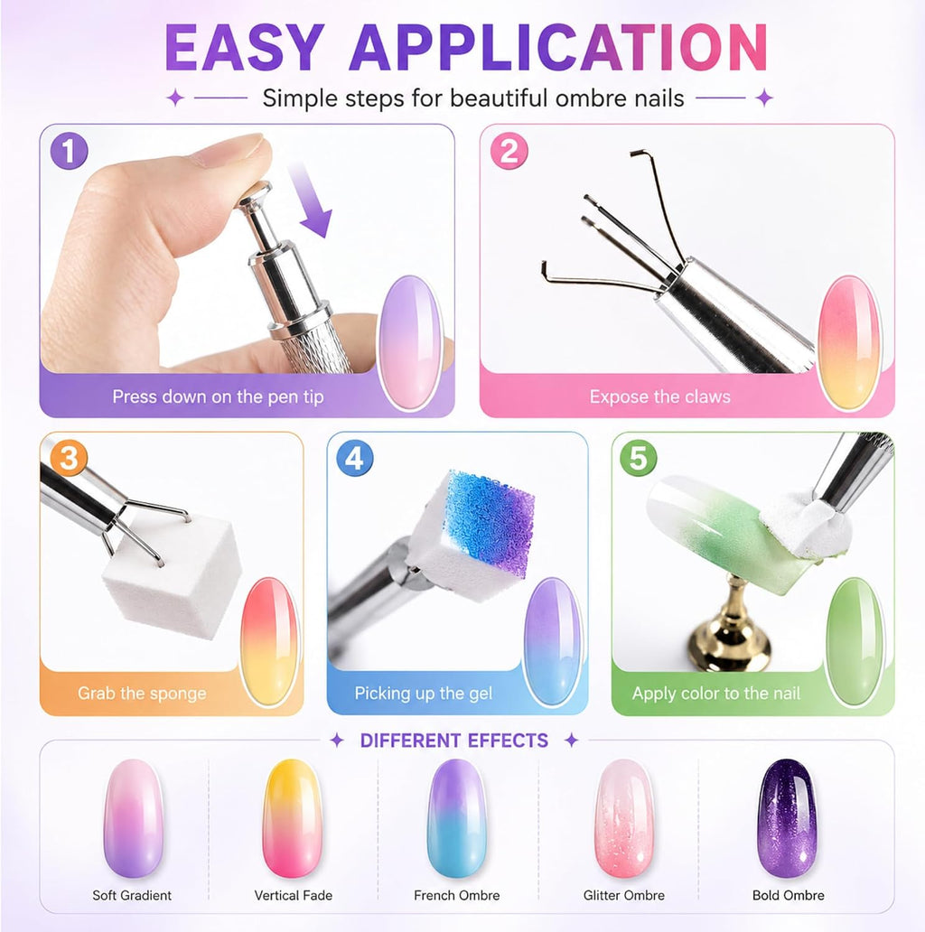 Yaya Nails Soft Nail Sponges for Ombre Nail Art, 200 PCS, with Grabbing Pen, Nail Art Palette and Mixing Spatula
