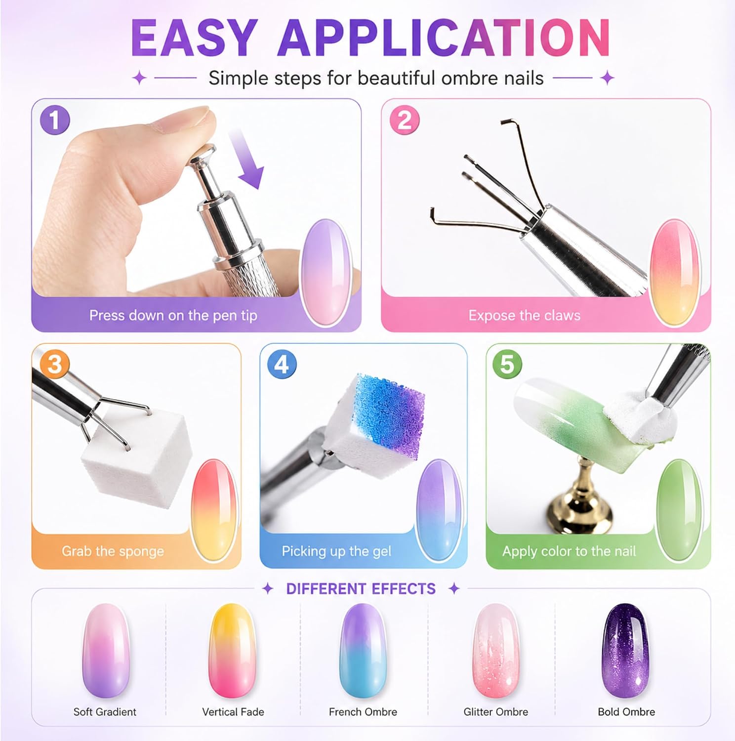 Yaya Nails Soft Nail Sponges for Ombre Nail Art, 200 PCS, with Grabbing Pen, Nail Art Palette and Mixing Spatula