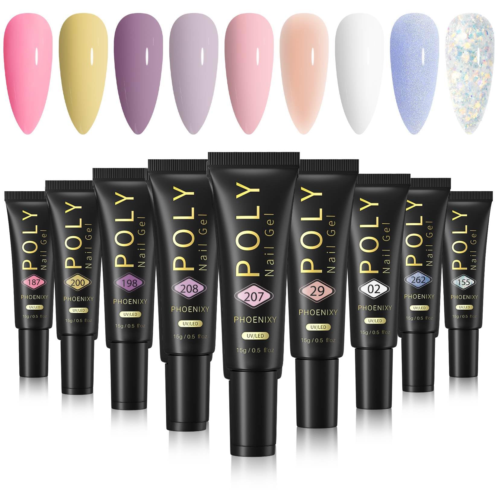 7 different packs . Phoenixy Poly Nail Gel Kit 6 Colors Pink Nude with Sliver Gold Glitter Poly Extension Gel 15 ml