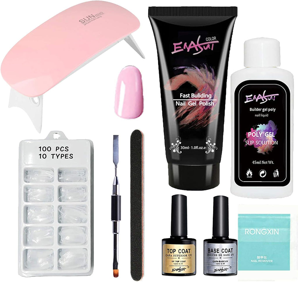 Polygel Nail Kit with LED Lamp,Enasui with Slip Solution and Brushes, Nail Builder Gel Enhancer, All In One French Kit (pink)