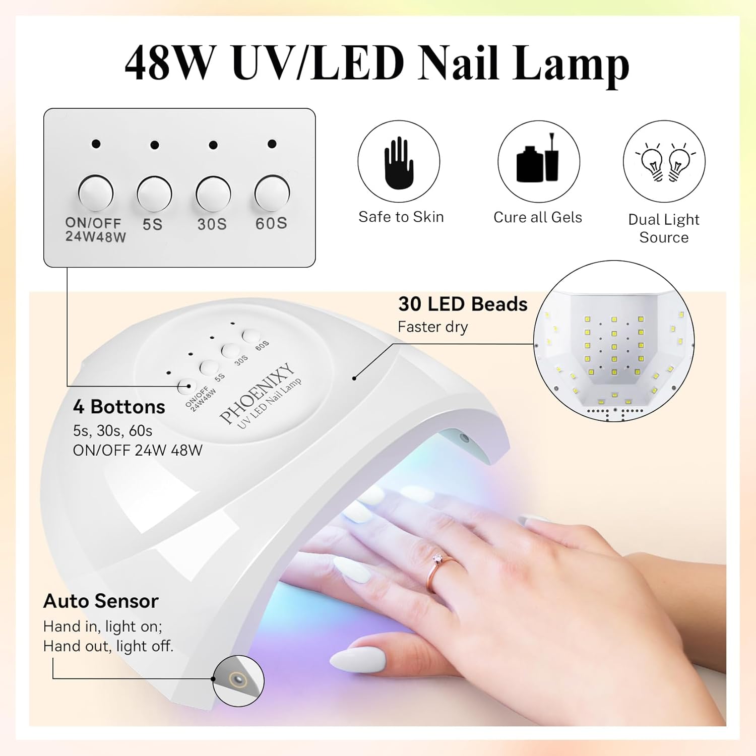 PHOENIXY 56 Pcs 108 Effect Gel Nail Polish with U V Light 48W Base Glitter Top Coat Kit