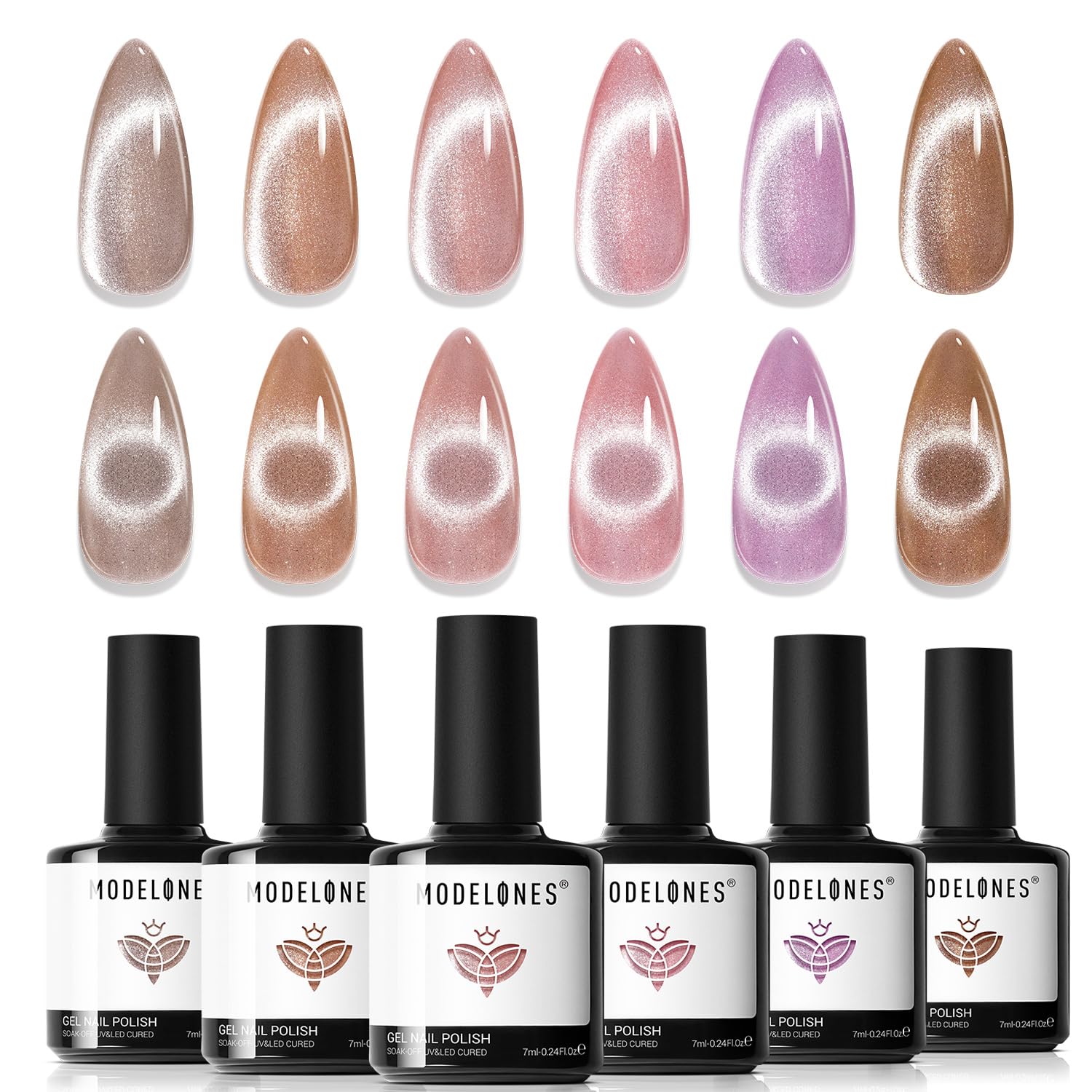 (13 diff combinations, some magnetic) Modelones Gel Nail Polish, 6 Colors Pearl Aurora Iridescent Shimmer White Pink Purple Mermaid Nail Drawing Gel Polish Soak Off UV Gel Led Nail Gel Polish Swirl Shell Thread Effect DIY Manicure Gifts