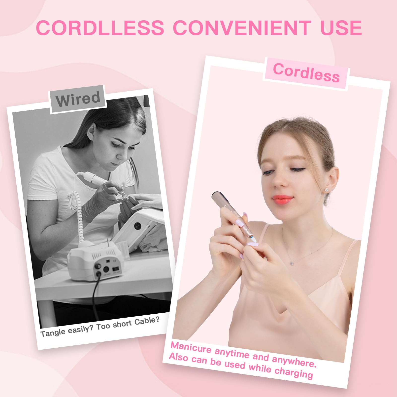 HEBECA Cordless Nail Drill Set - Professional Electric Nail File with 12 Drill Bits 26 Sanding Bands for Natural or Acrylic Gel Nails -Rechargeable.