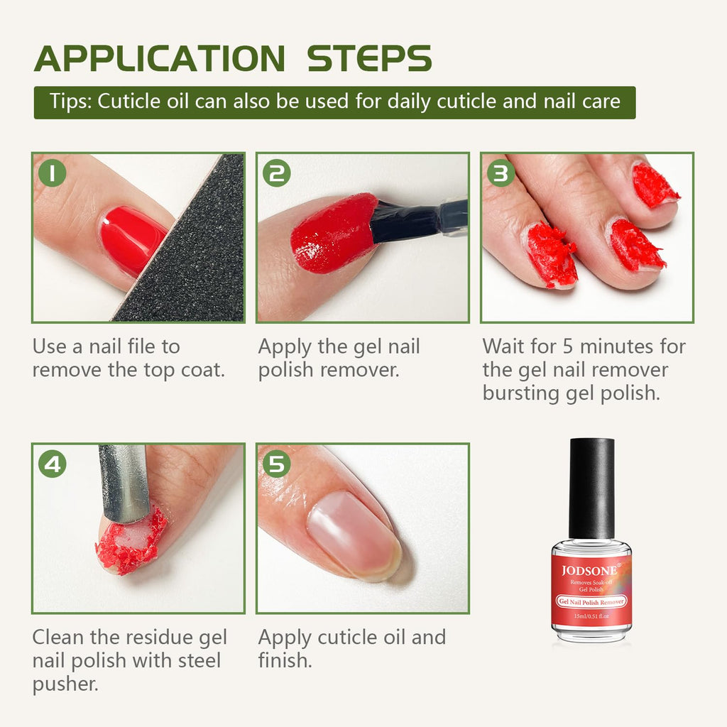 JODSONE Gel Nail Polish Remover Kit - Set with 15ml Gel Nail Polish Remover, Cuticle Oil and Latex Tape, and Complete Remover Manicure Tool Set, No Soaking