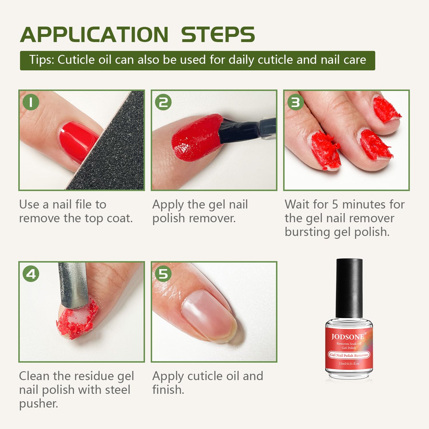 JODSONE Gel Nail Polish Remover Kit - Set with 15ml Gel Nail Polish Remover, Cuticle Oil and Latex Tape, and Complete Remover Manicure Tool Set, No Soaking