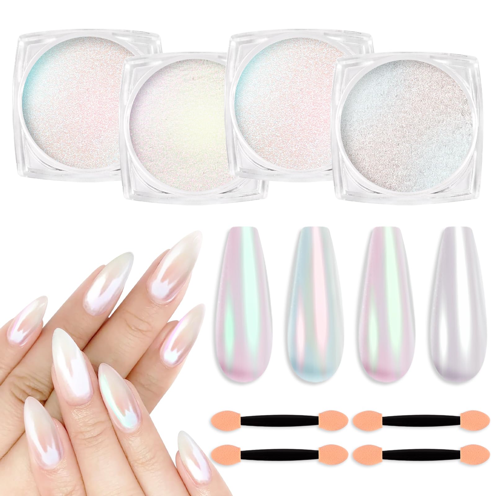 SIUSIO 4Colors Chrome Nail Powder Metallic Mirror Effect Pigment Iridescent Aurora, Mermaid Pearl Dust Kit