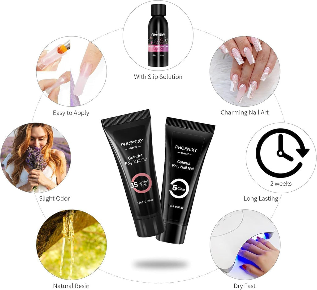 7 different packs . Phoenixy Poly Nail Gel Kit 6 Colors Pink Nude with Sliver Gold Glitter Poly Extension Gel 15 ml