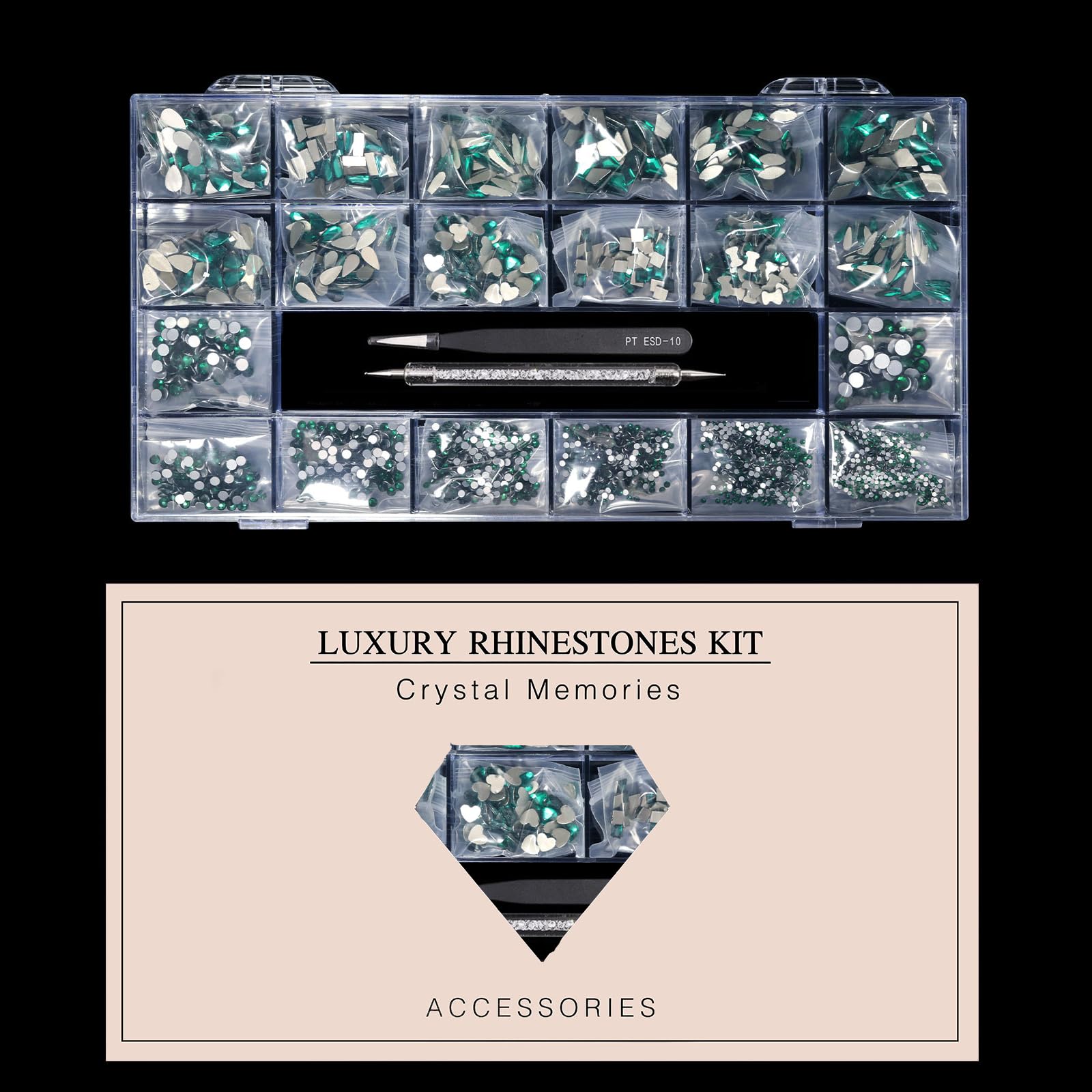 (5 diff packs ) 12 Types of 600  Diamonds + 2500 Flat Rhinestones Mix 20 Styles Flatback Stones Set + Tweezers + Drill Pen