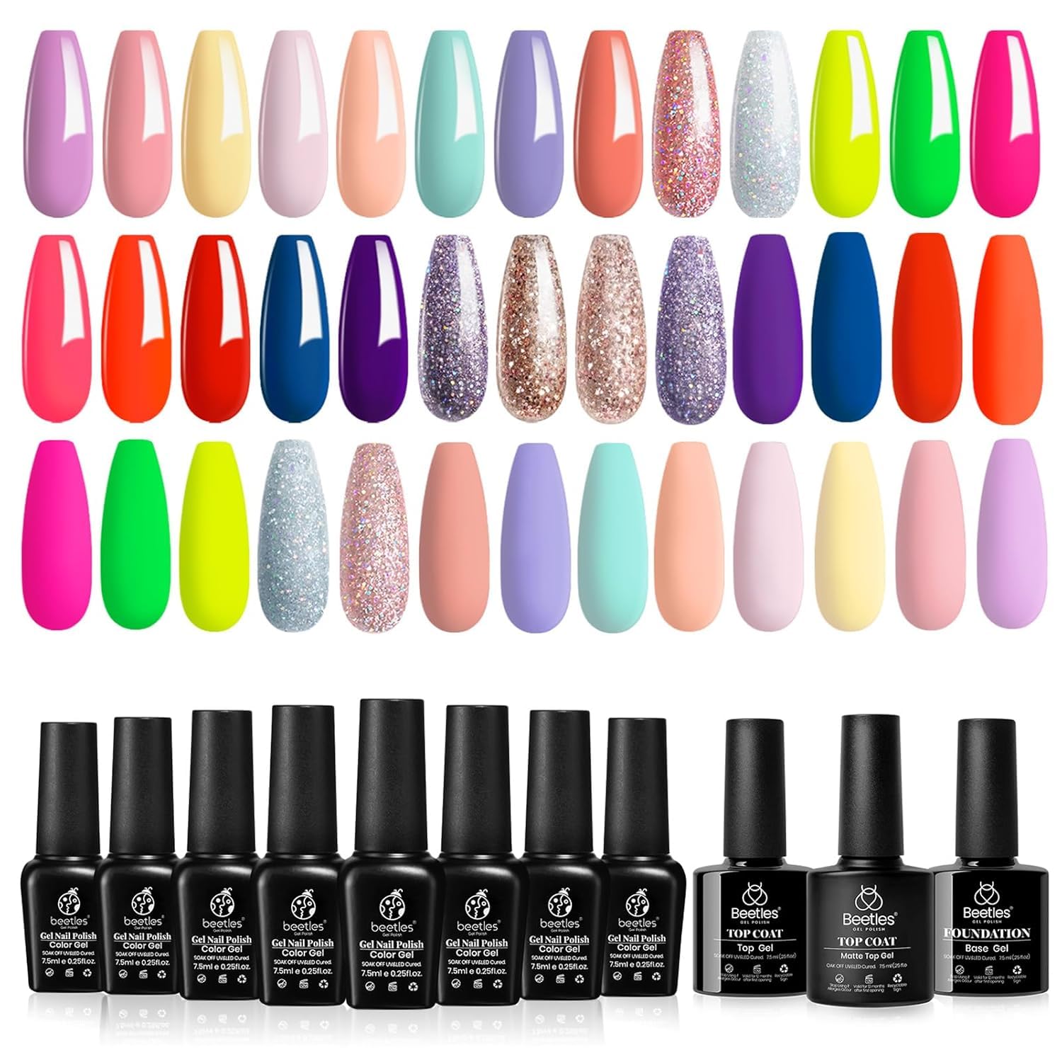 116 diff packs . Beetles GelNail Polish Kit, 20 Colors Soak Off Gel Polish with 1 Base Coat 1 Glossy & 1 Matte Top Coat