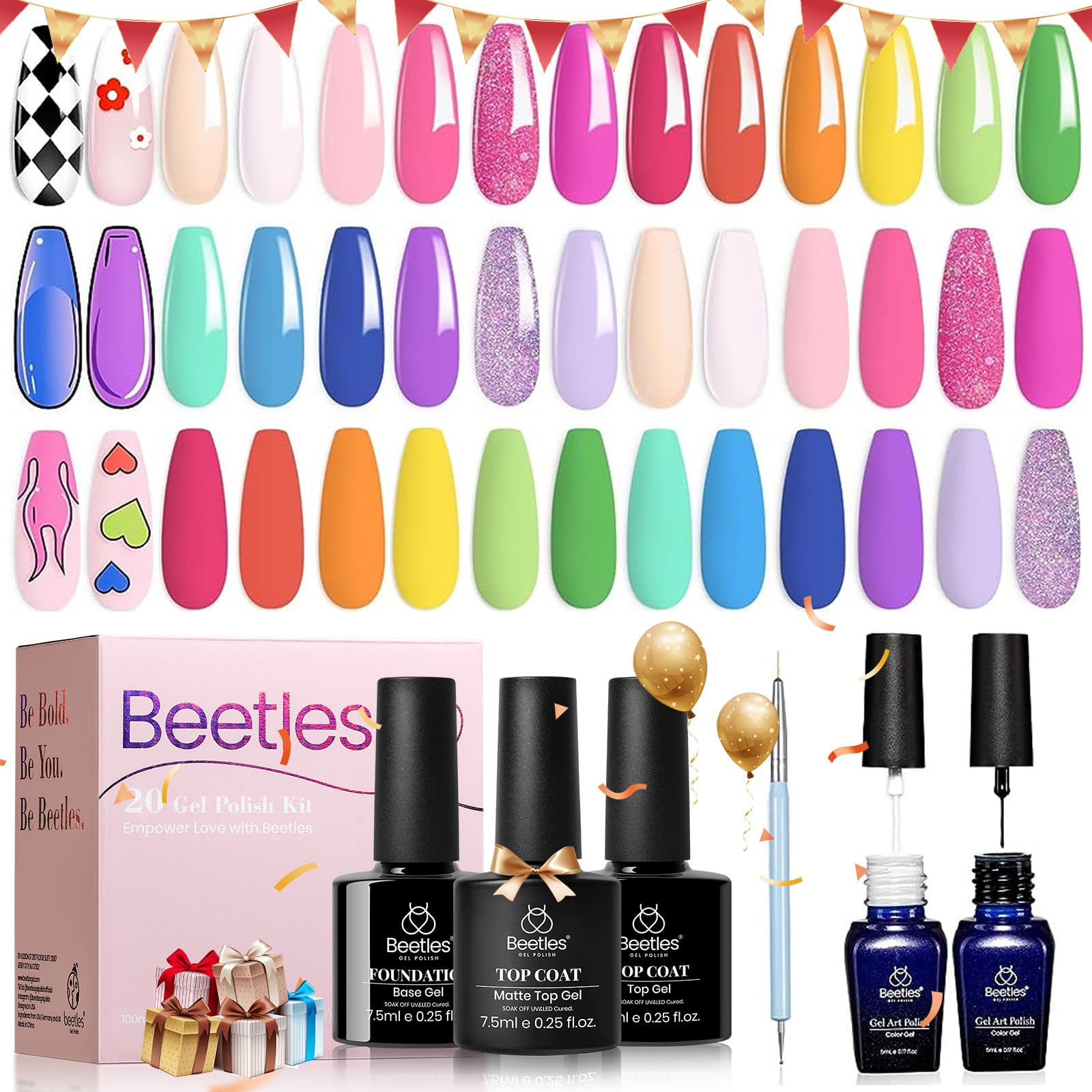 116 diff packs . Beetles GelNail Polish Kit, 20 Colors Soak Off Gel Polish with 1 Base Coat 1 Glossy & 1 Matte Top Coat