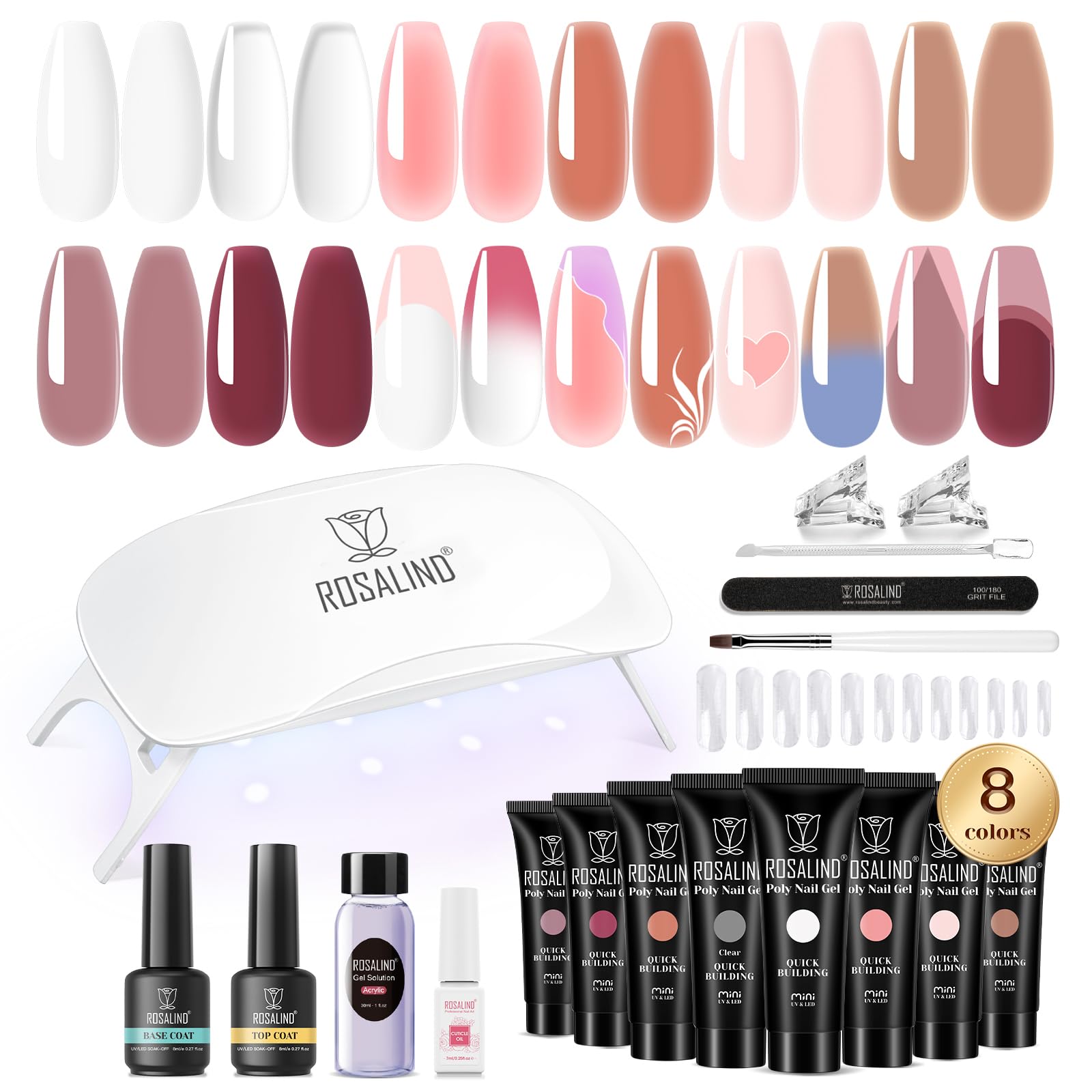 ROSALIND MINI Poly Nail Gel Kit, 8 Colors 0.34oz Each Tube Poly Nails Gel Starter Kit with Slip Solution and Mini UV Lamp, Clear Nude Purple Gels Extension Set