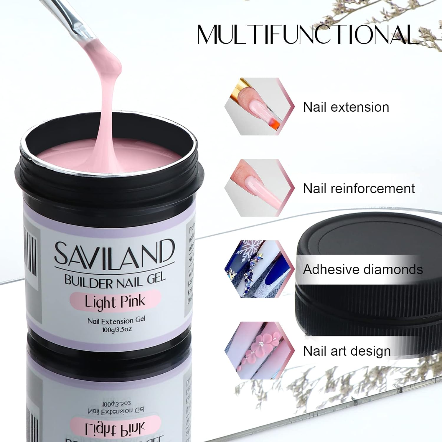 SAVILAND Builder Nail Gel – 3.53oz Light Pink Hard Gel for Nails Large Capacity Nail Strengthen, Nail Extension, Nail Art, U V Nail Gel