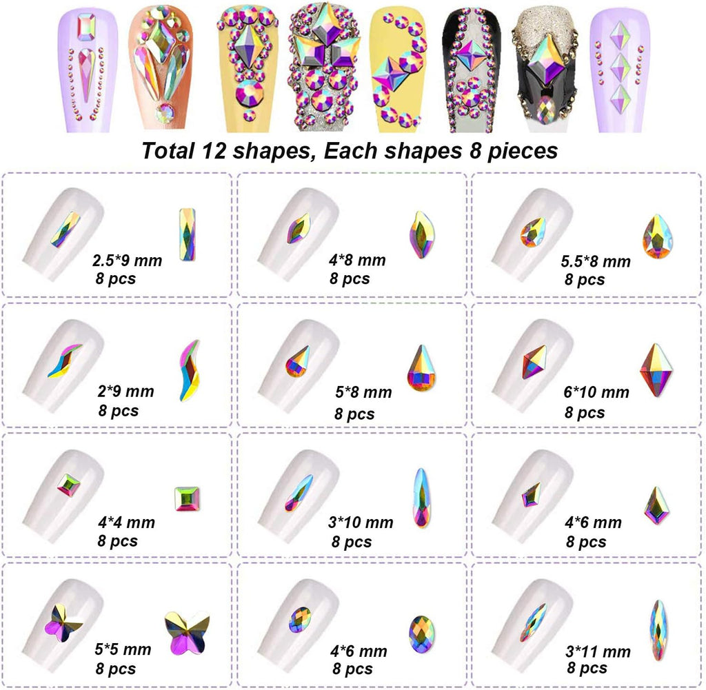 FITDON Multi-Shapes Glass Crystal AB Rhinestones Set for Nail Decoration, DIY Jewel Charms Accessories Supplies With Clear Diamond