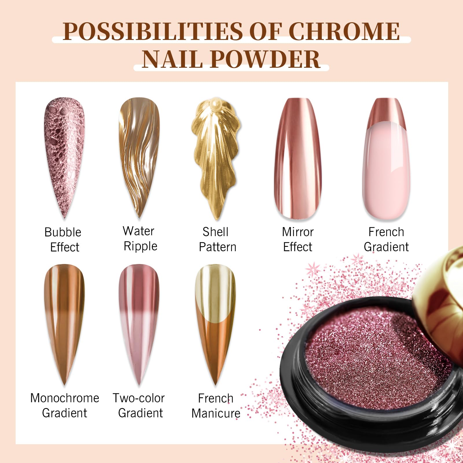 SAVILAND Chrome Nail Powder Set - 6 Colors Rose Gold Chrome Nail Powder Holographic Metallic Mirror Nail Effect Manicure Pigment for Nail Decoration Salon Home DIY Christmas Gift