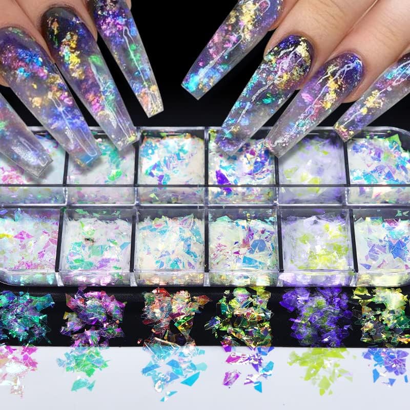 Holographic Mermaid Nail Art Glitter Flakes JMEOWIO 12 Grids Gradient Bright Iridescent Ice Slag Nail Sequins Paillettes Summer Nail Art Decoration for Women Girls