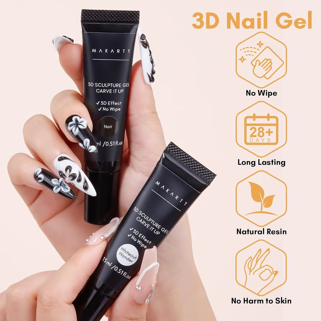 3D Nail Gel Sculpting Gel Nail Art Glue Kit, White Craving Gel and Black Candy Molding Gel No Wipe Embossed Gel Polish