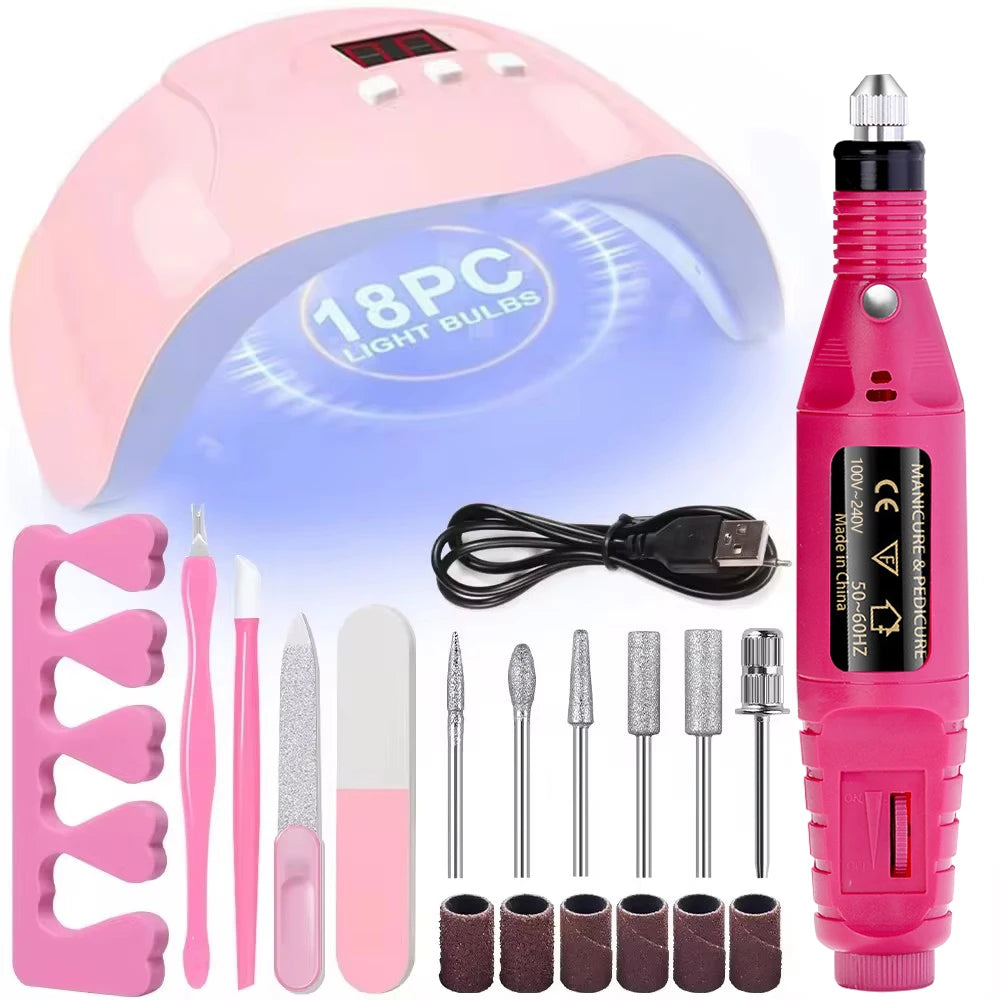  Nail  Kit with 54W UV 18Pcs Lamp Glue Dryer Polisher Dead Skin Remover Finger Separator Mani/Pedi . 6 different bundles