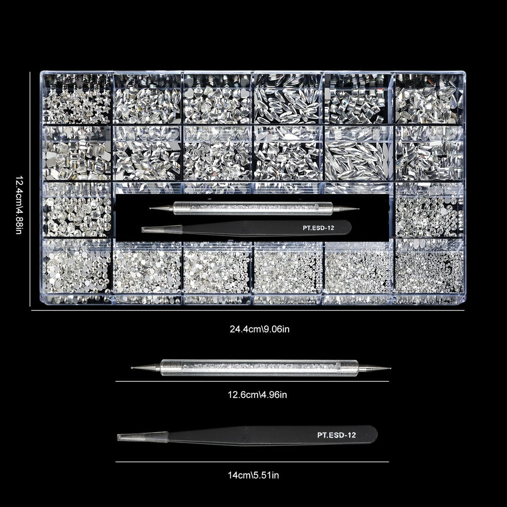 (5 diff packs ) 12 Types of 600  Diamonds + 2500 Flat Rhinestones Mix 20 Styles Flatback Stones Set + Tweezers + Drill Pen