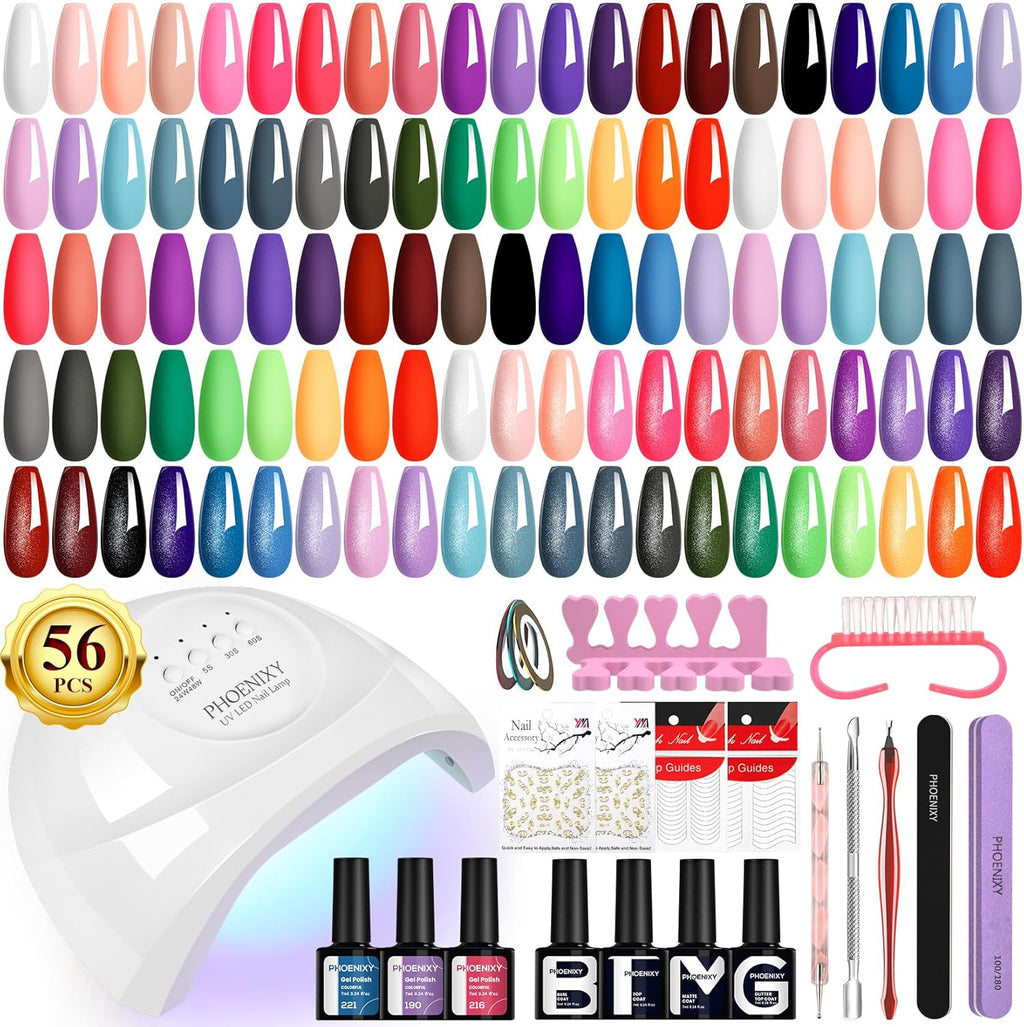 PHOENIXY 56 Pcs 108 Effect Gel Nail Polish with U V Light 48W Base Glitter Top Coat Kit