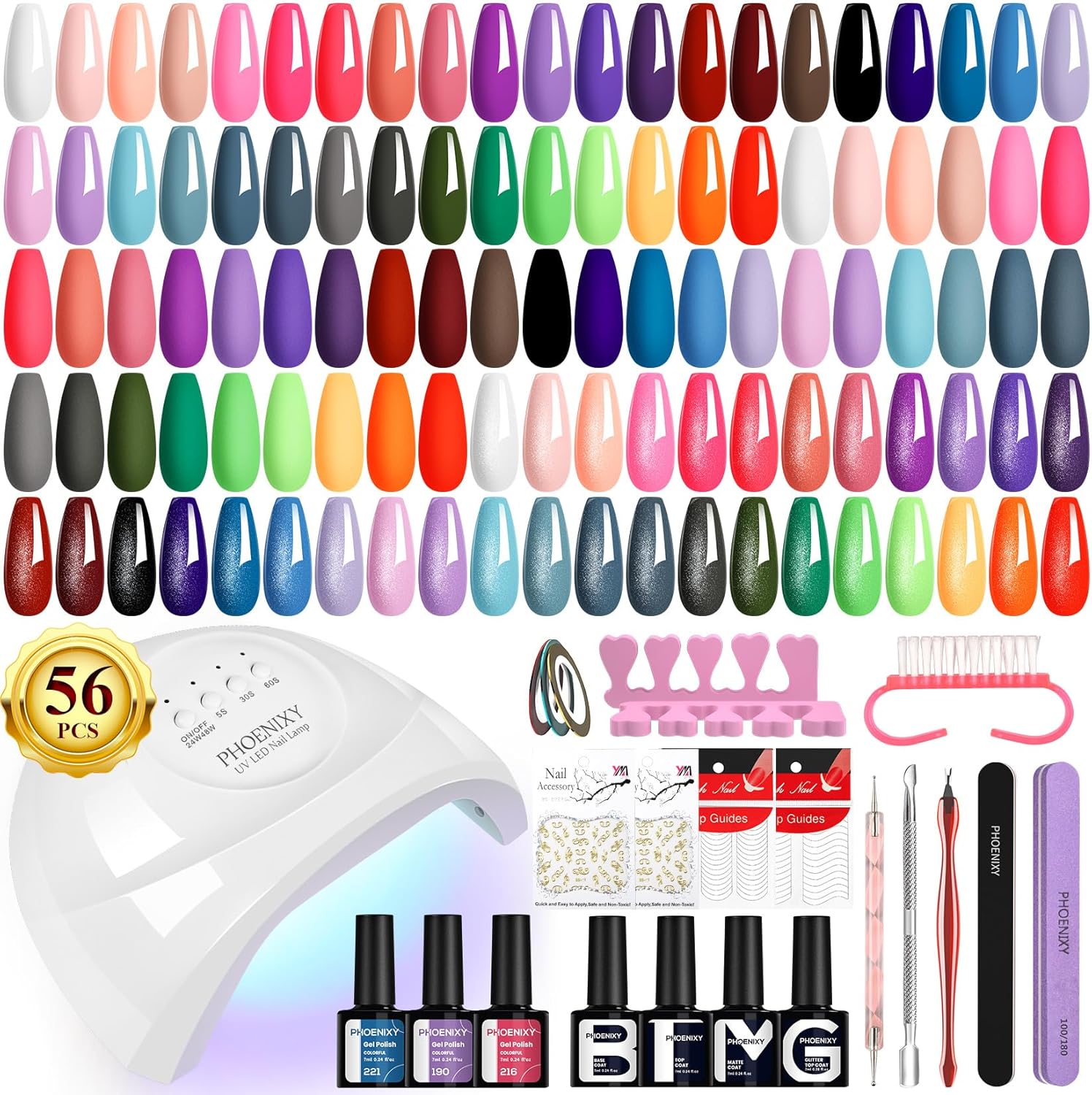 PHOENIXY 56 Pcs 108 Effect Gel Nail Polish with U V Light 48W Base Glitter Top Coat Kit
