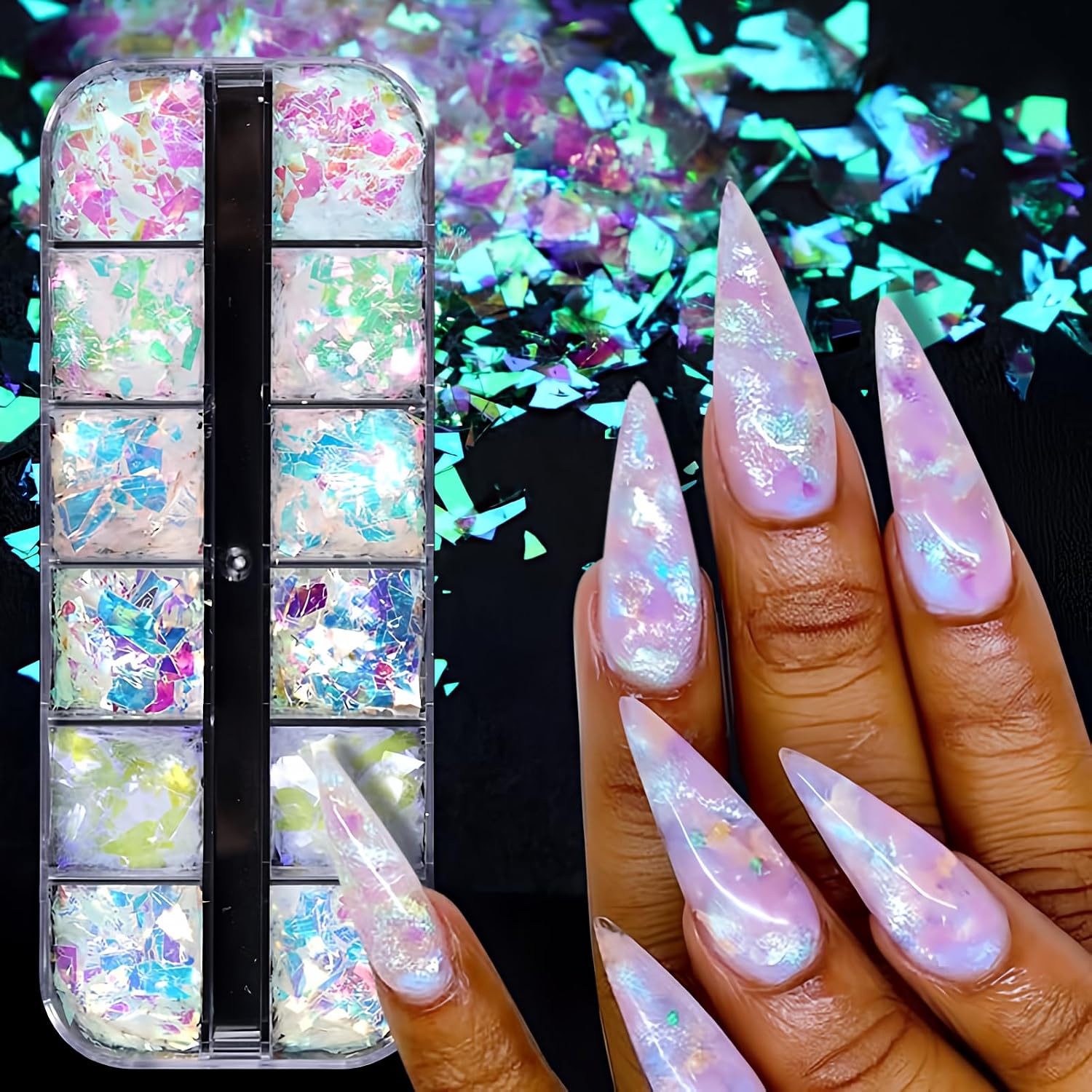 Holographic Mermaid Nail Art Glitter Flakes JMEOWIO 12 Grids Gradient Bright Iridescent Ice Slag Nail Sequins Paillettes Summer Nail Art Decoration for Women Girls