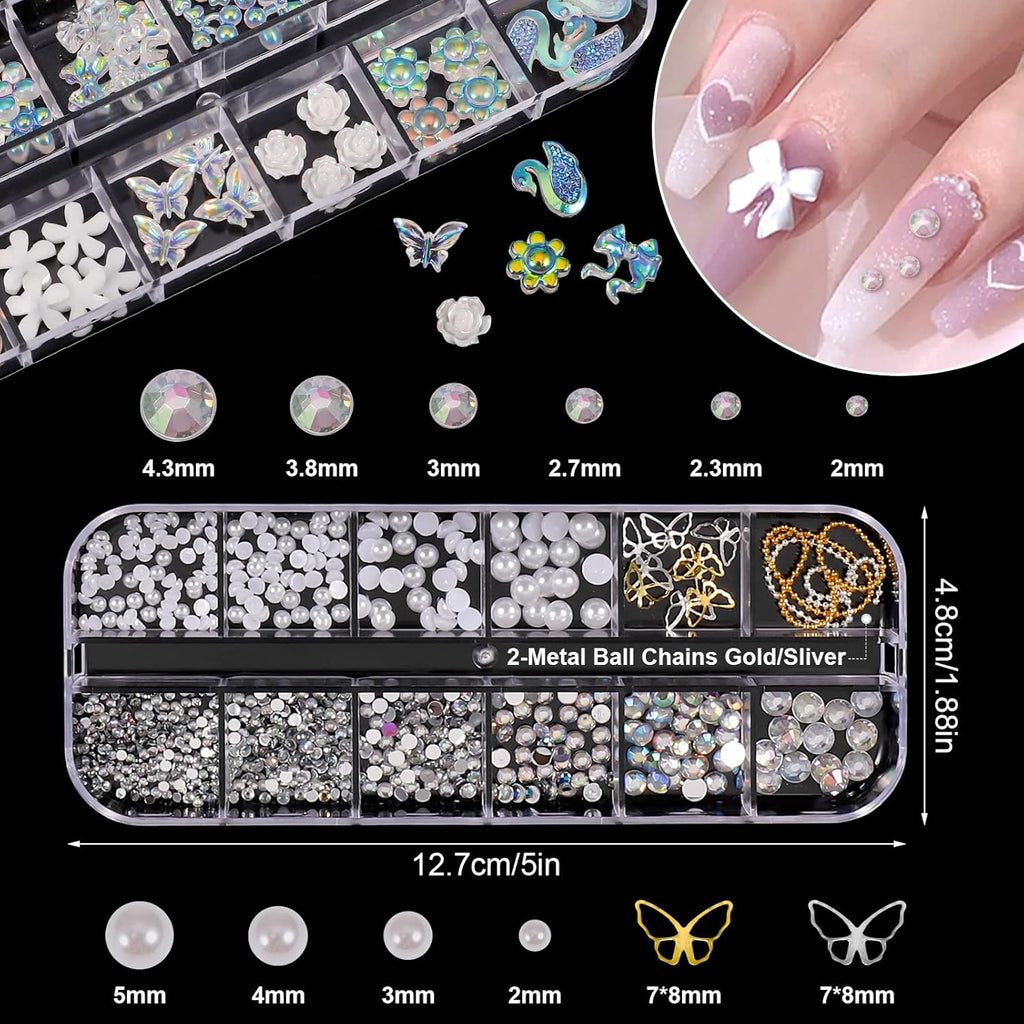 JOELELI 3D Acrylic Butterfly Flowers for Nails, Bear Charms, Flat Accessories - 24 Styles Starry AB Gems, Stones, Pearls, Gold