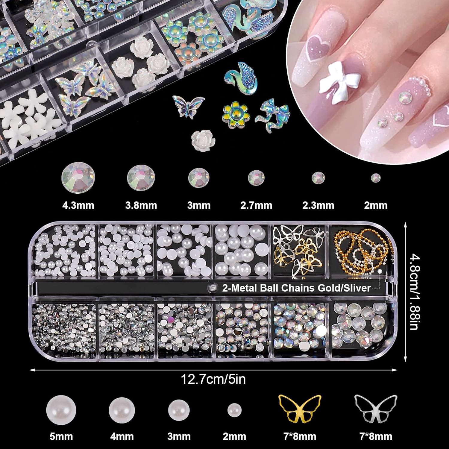 JOELELI 3D Acrylic Butterfly Flowers for Nails, Bear Charms, Flat Accessories - 24 Styles Starry AB Gems, Stones, Pearls, Gold
