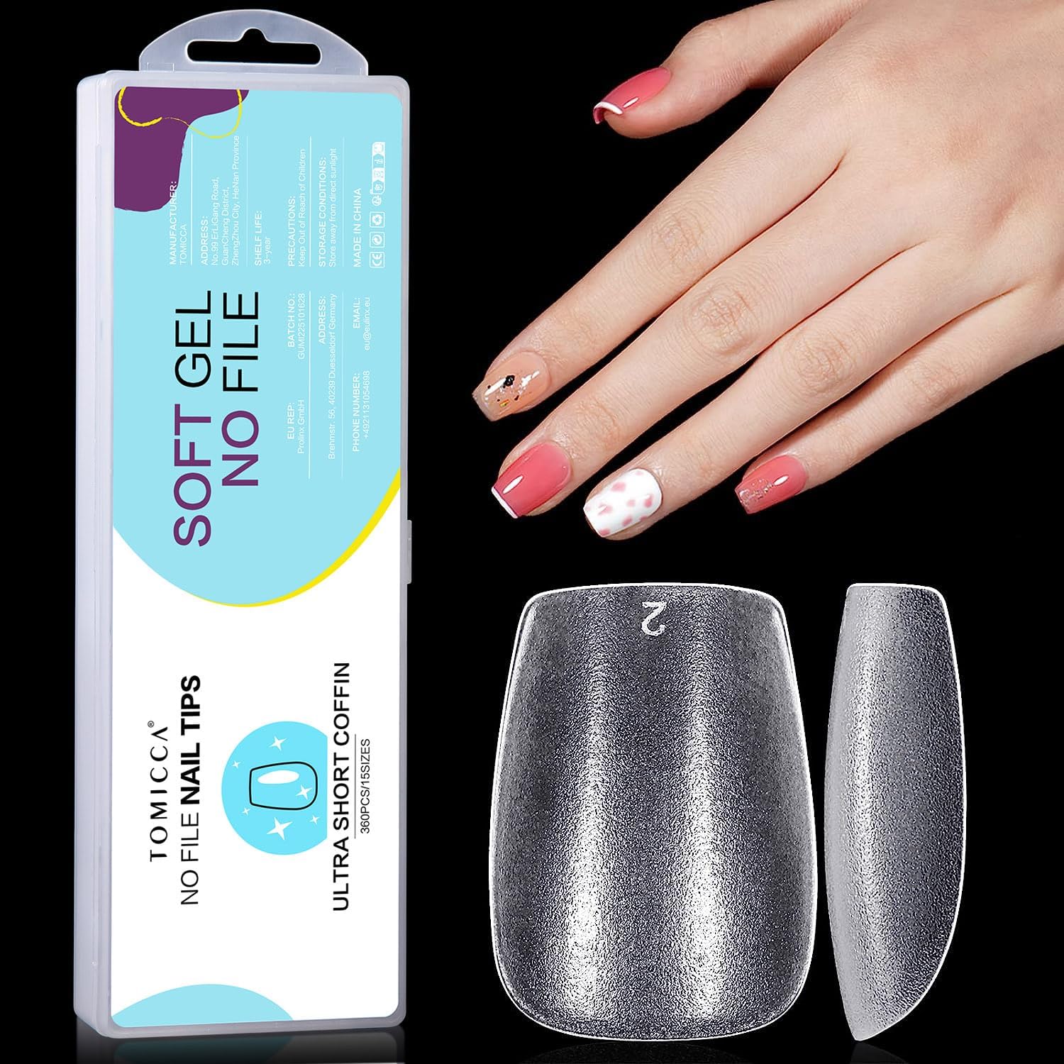 TOMICCA Gel Nail Glue for Nail Tips  plus 4 different packs for nail tips - 15ml Super Strong Nail Glue Compatible with Acrylic Nails,Soft Gel Nail Tips and Press On Nails, UV/LED Curing,