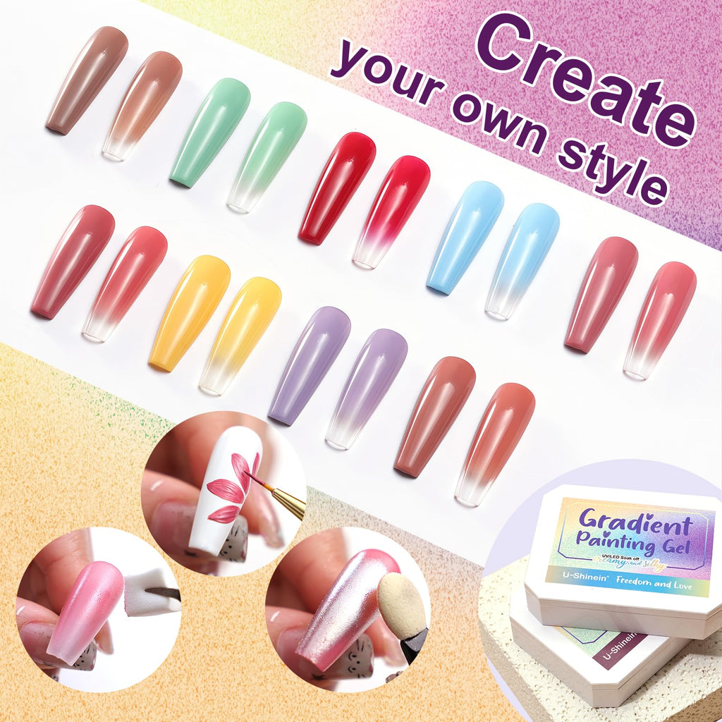 Gradient Painting Gel,(plenty of diff combinations!) 9 Colors Ombre Gel Nail Polish with 100Pcs Nail Sponges &Tweezers, Sponging Gel Nail Polish for Ombre Nails