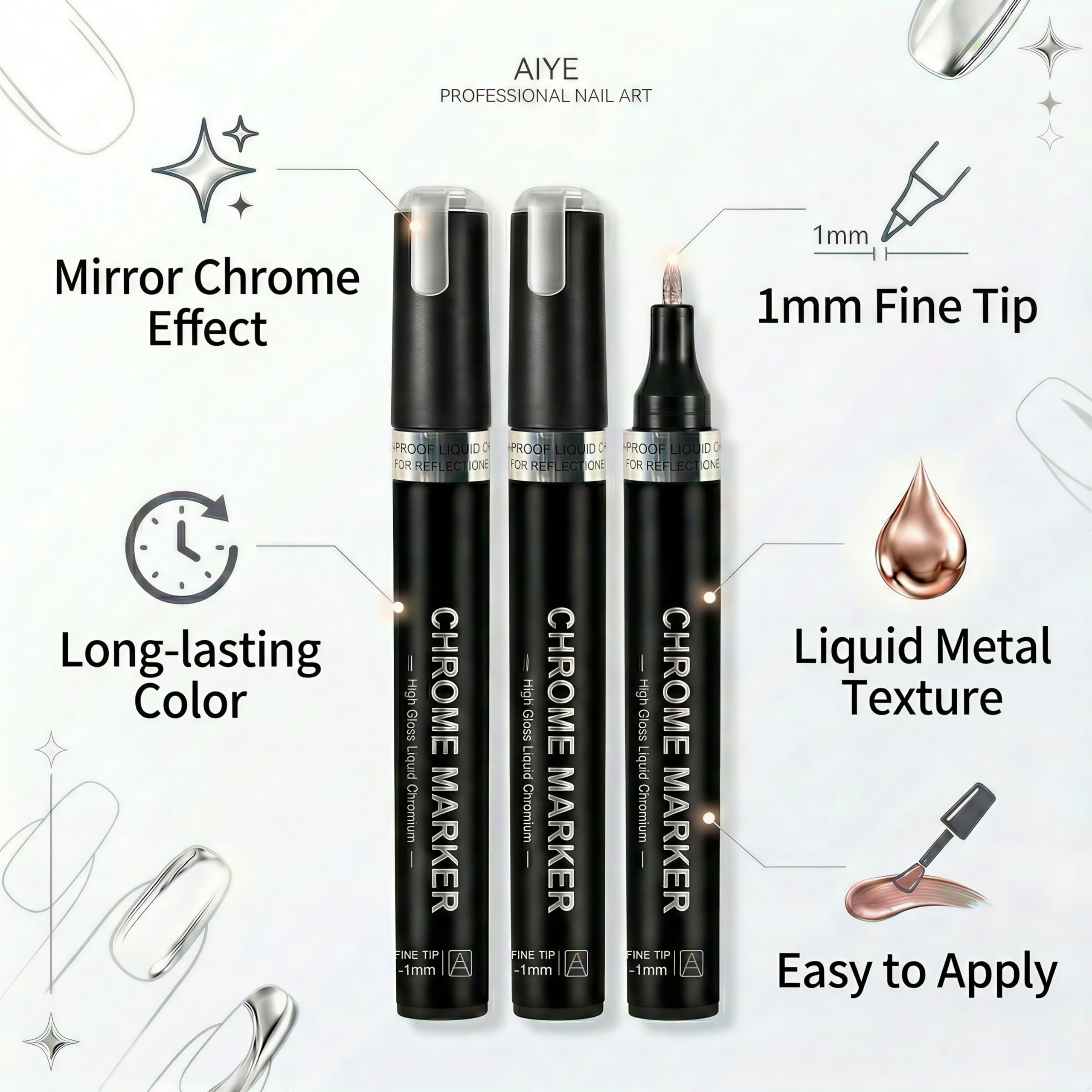 Nail Art Marker Set, Dual Tip, Metallic, 10 Colors, Water-Based Ink, DIY Nail Design Pens