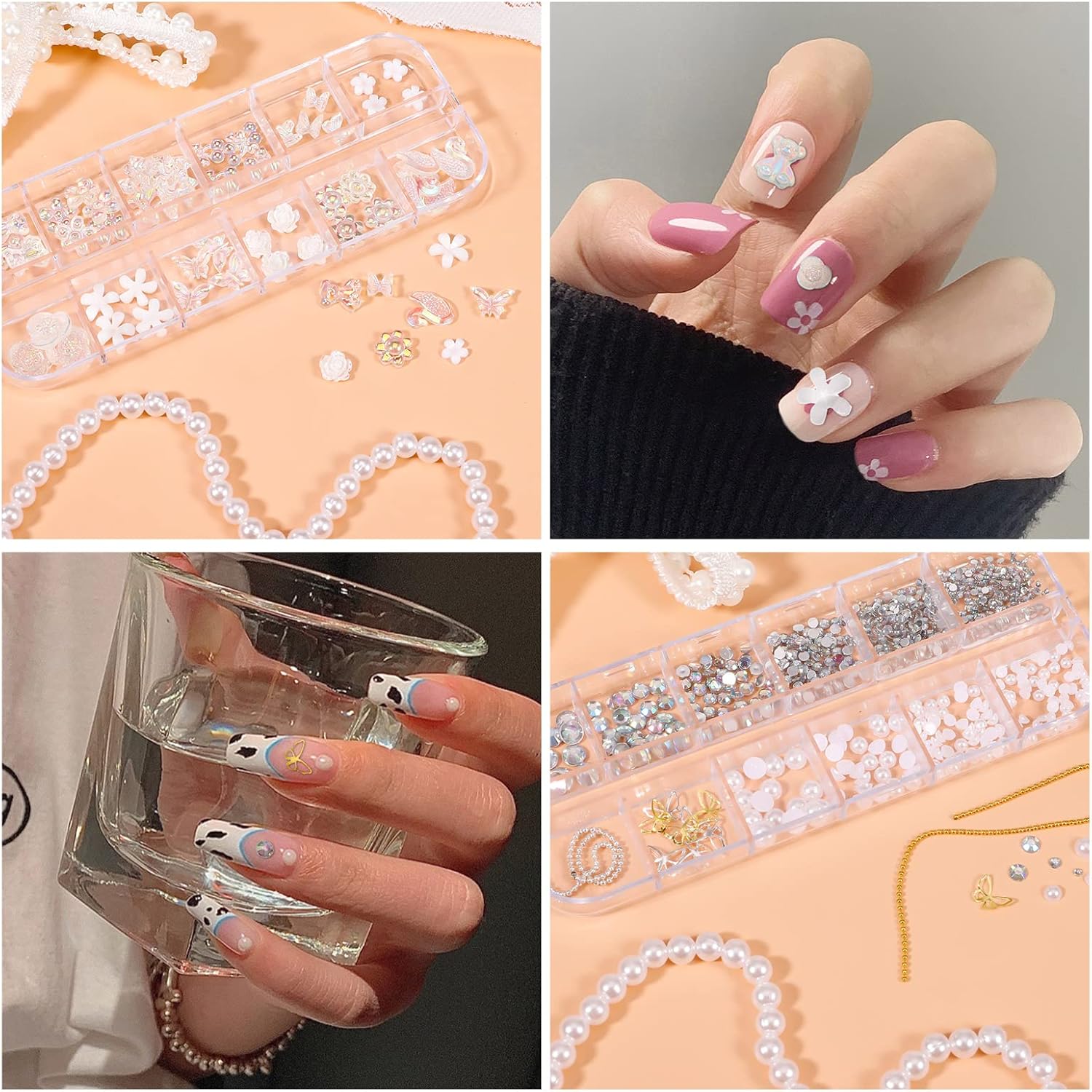 JOELELI 3D Acrylic Butterfly Flowers for Nails, Bear Charms, Flat Accessories - 24 Styles Starry AB Gems, Stones, Pearls, Gold