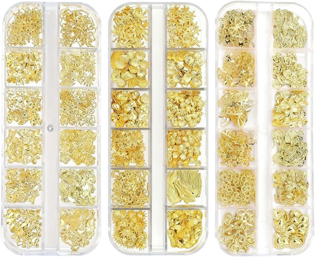 3 Boxes Nail Charms Set, Gold ,36 Designs 3D Gold Metal