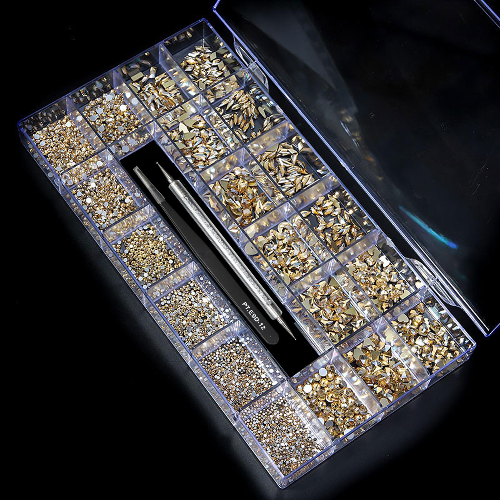 (5 diff packs ) 12 Types of 600  Diamonds + 2500 Flat Rhinestones Mix 20 Styles Flatback Stones Set + Tweezers + Drill Pen