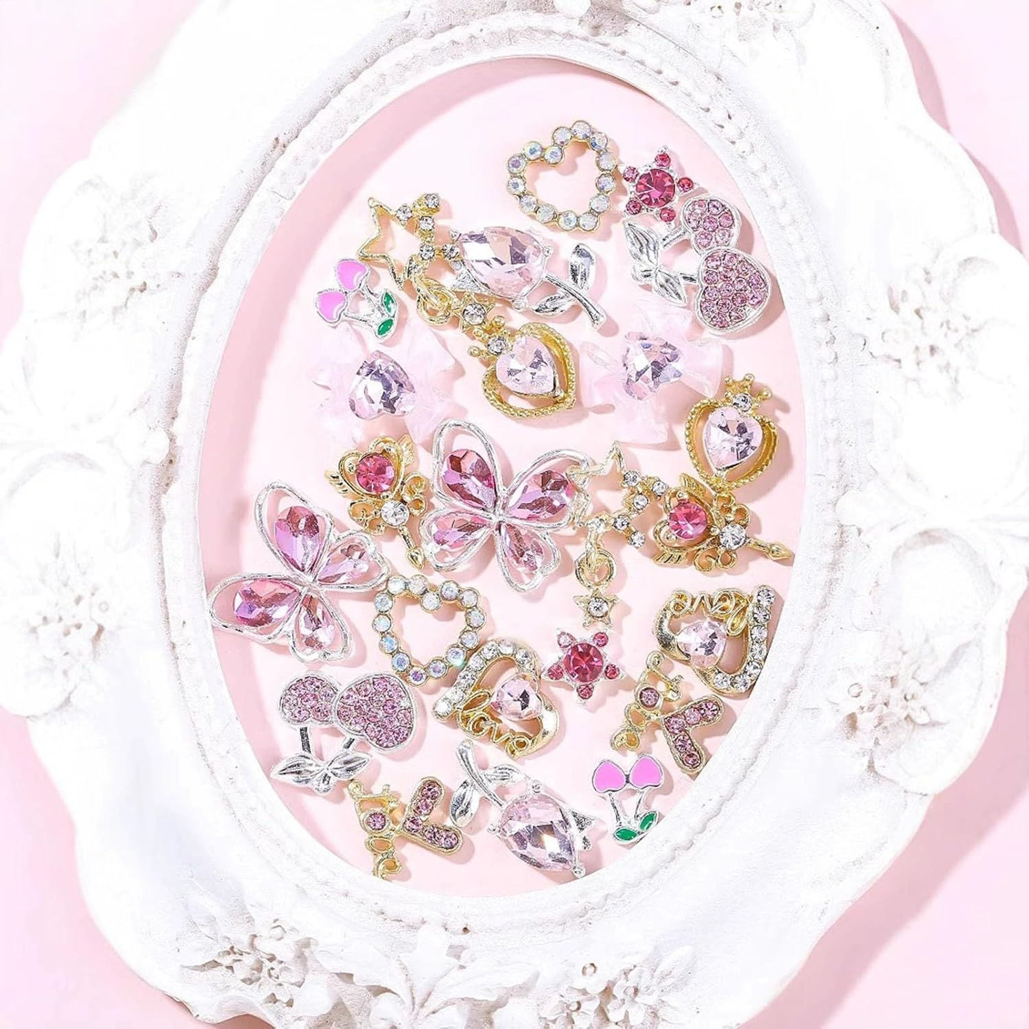 24PCS Rhinestone Nails Charm, 3D Heart Star Bow Cherry Butterfly