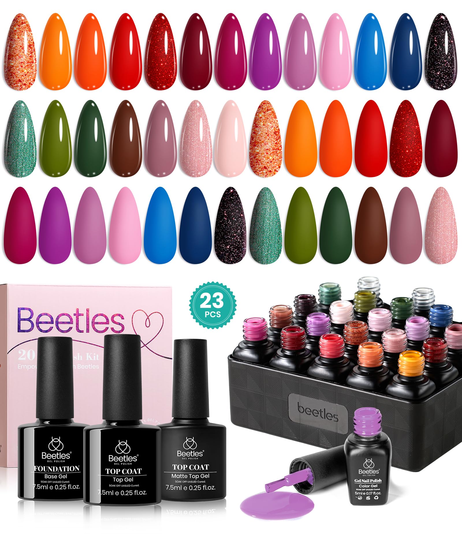 Beetles Gel Nail Polish Kit, ( 16 diff combinations and prices) 20 Colors Soak Off Gel Polish with 1 Base Coat 1 Glossy & 1 Matte Top Coat