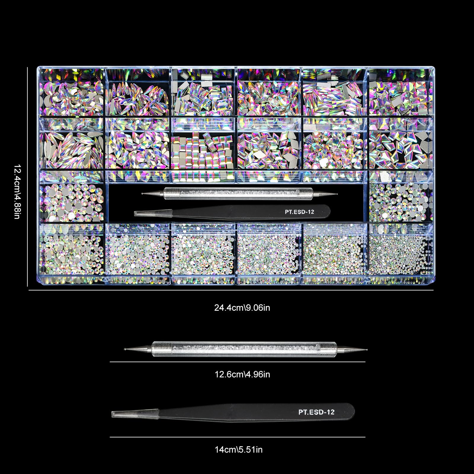 (5 diff packs ) 12 Types of 600  Diamonds + 2500 Flat Rhinestones Mix 20 Styles Flatback Stones Set + Tweezers + Drill Pen