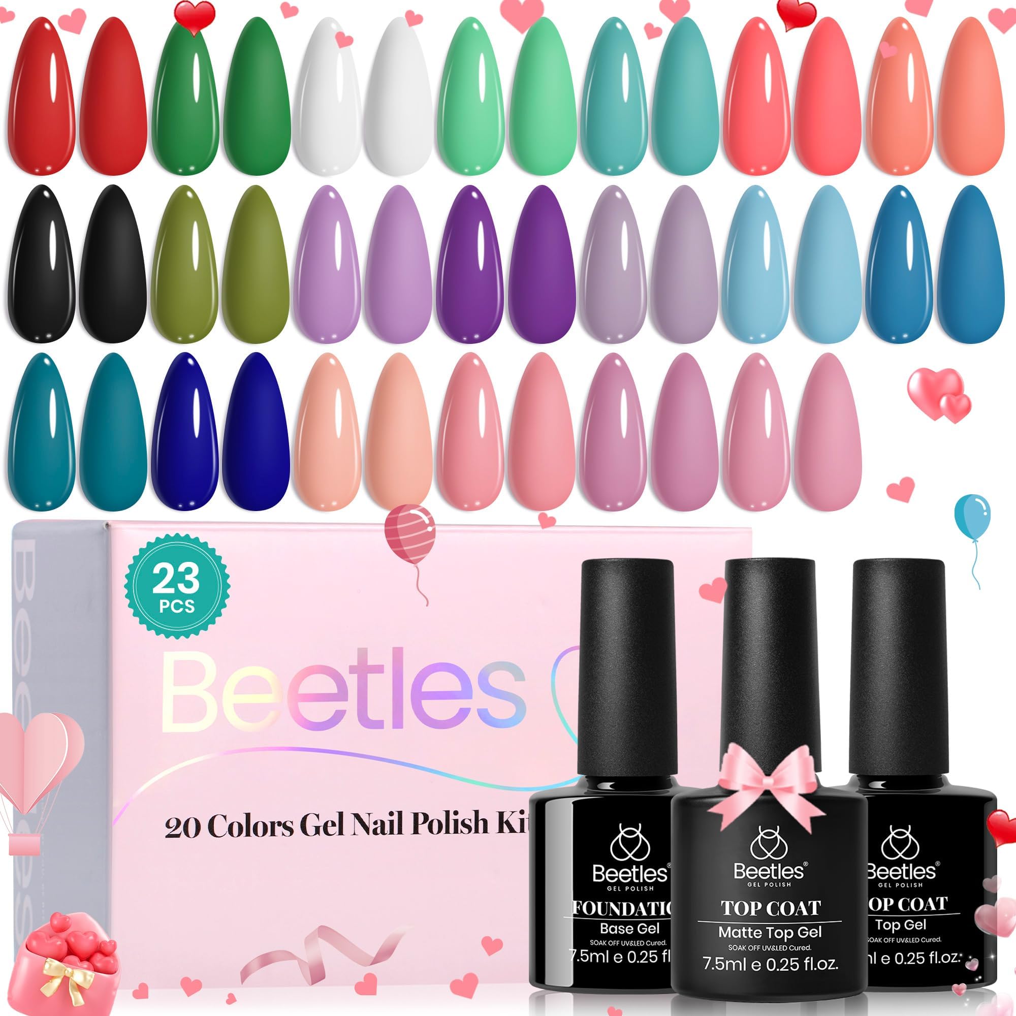 Beetles Gel Nail Polish Kit, ( 16 diff combinations and prices) 20 Colors Soak Off Gel Polish with 1 Base Coat 1 Glossy & 1 Matte Top Coat