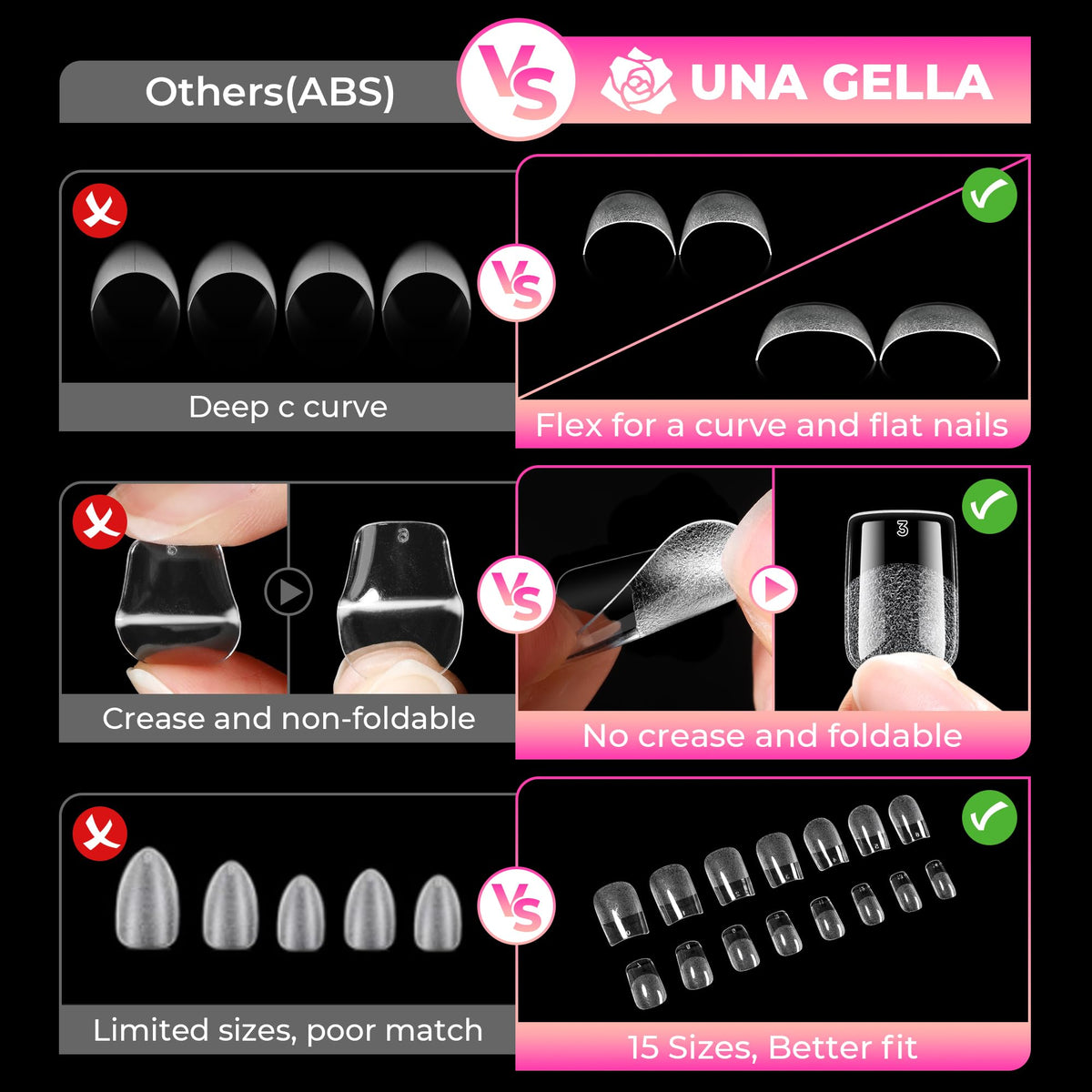 UNA GELLA Soft Gel Nail Tips, 6 Shapes + 2 Glue Options
