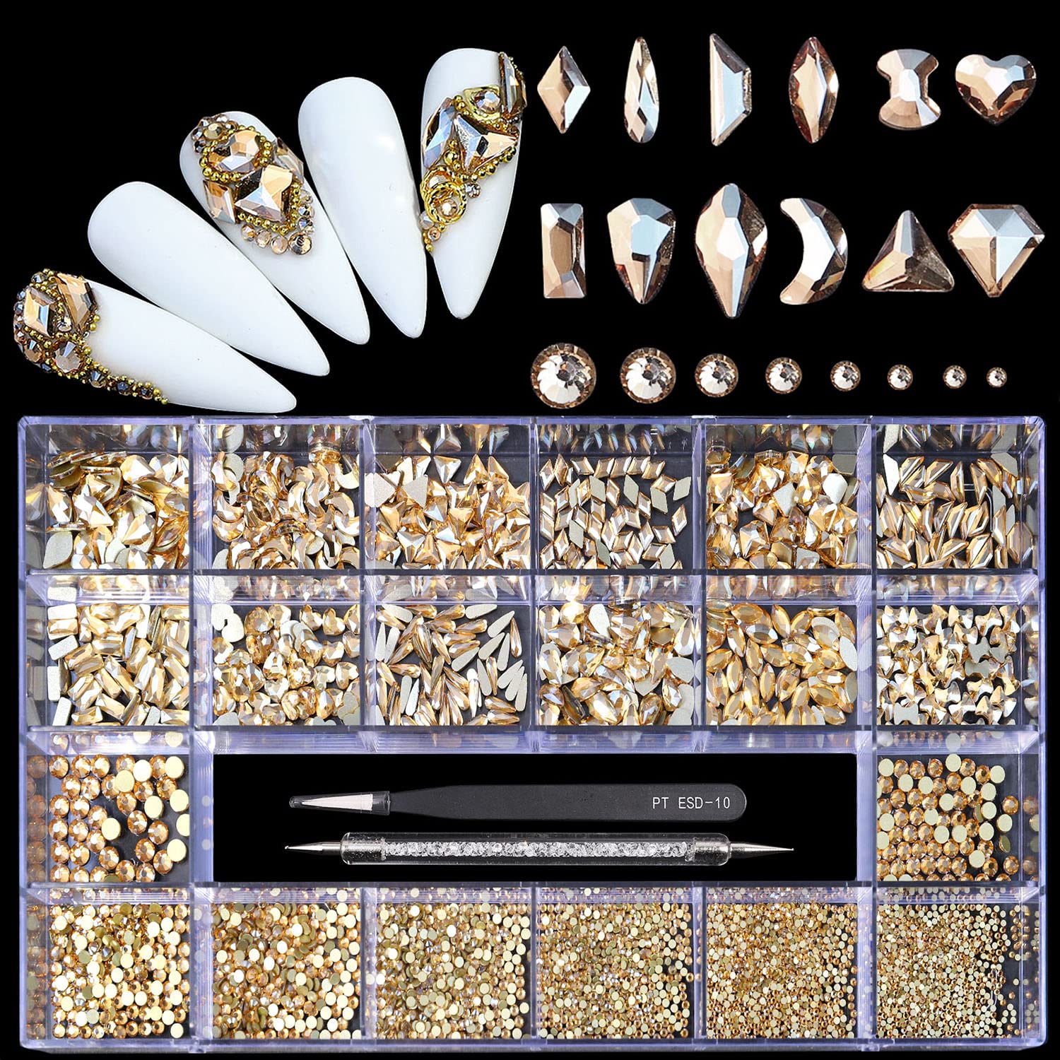 (5 diff packs ) 12 Types of 600  Diamonds + 2500 Flat Rhinestones Mix 20 Styles Flatback Stones Set + Tweezers + Drill Pen