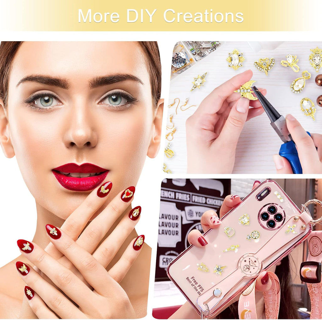 36Pcs 3D Nail Charms, Bling Rhinestones Nail Art Decorations Kit, Heart Pearl Metal Gems Stones Crystal Gold
