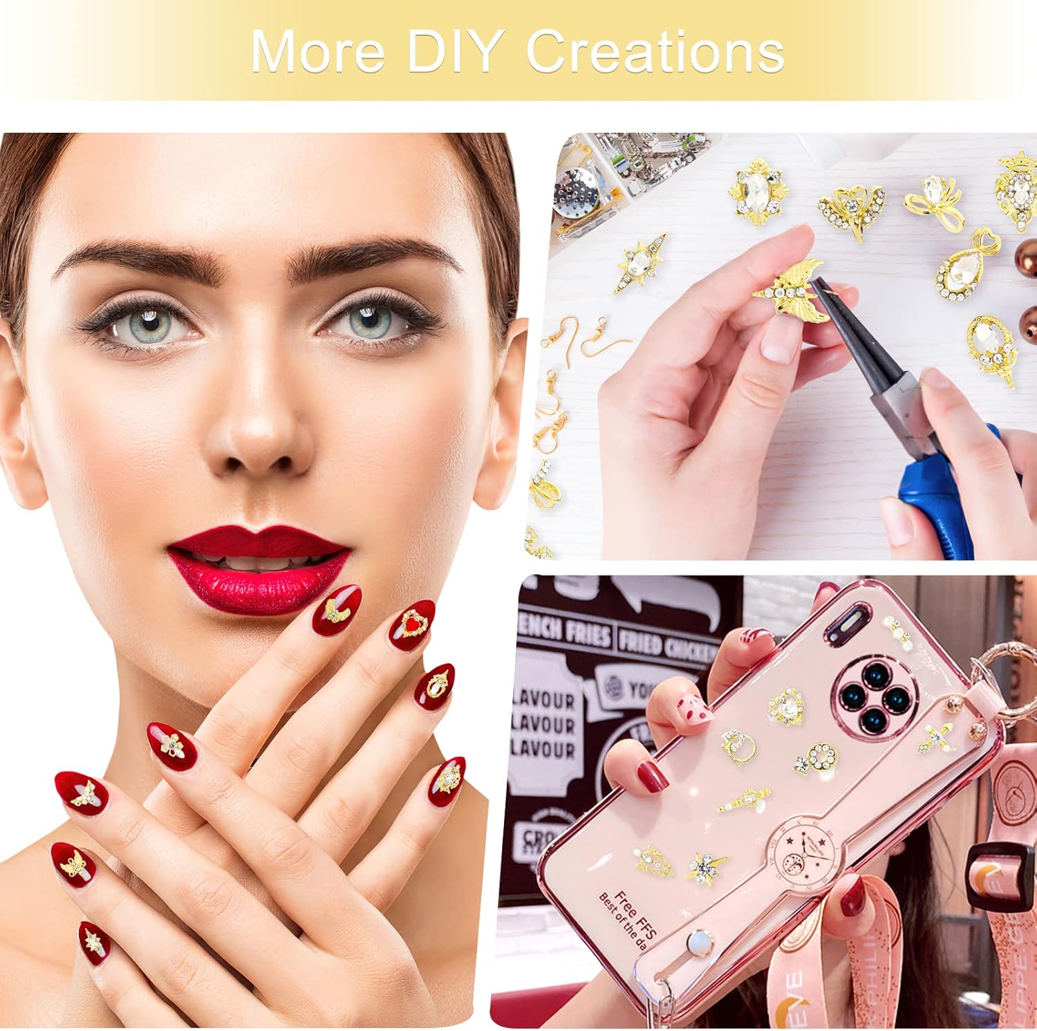 36Pcs 3D Nail Charms, Bling Rhinestones Nail Art Decorations Kit, Heart Pearl Metal Gems Stones Crystal Gold