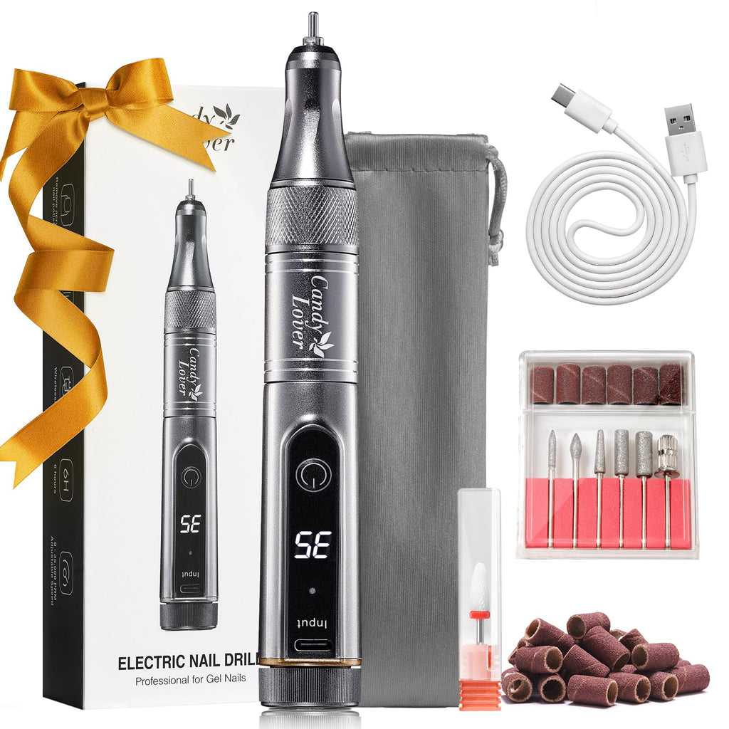Candy Lover Electric Nail Drill, Cordless Electric Nail File for Acrylic Gel Nails, Professional Rechargeable ,Manicure Pedicure with Nail Drill Bits and Sanding Bands, 35000 RPM Portable