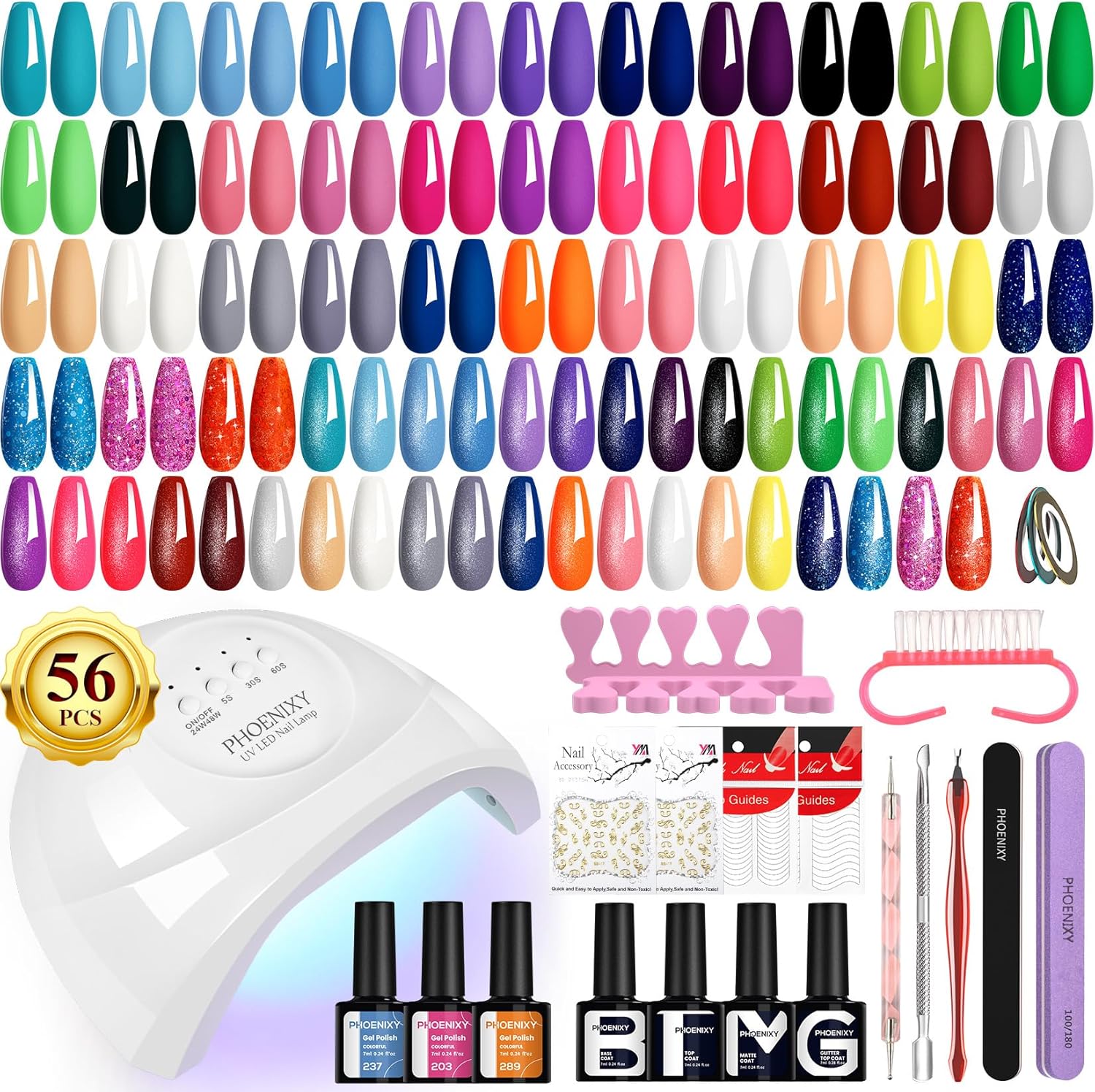 PHOENIXY 56 Pcs 108 Effect Gel Nail Polish with U V Light 48W Base Glitter Top Coat Kit