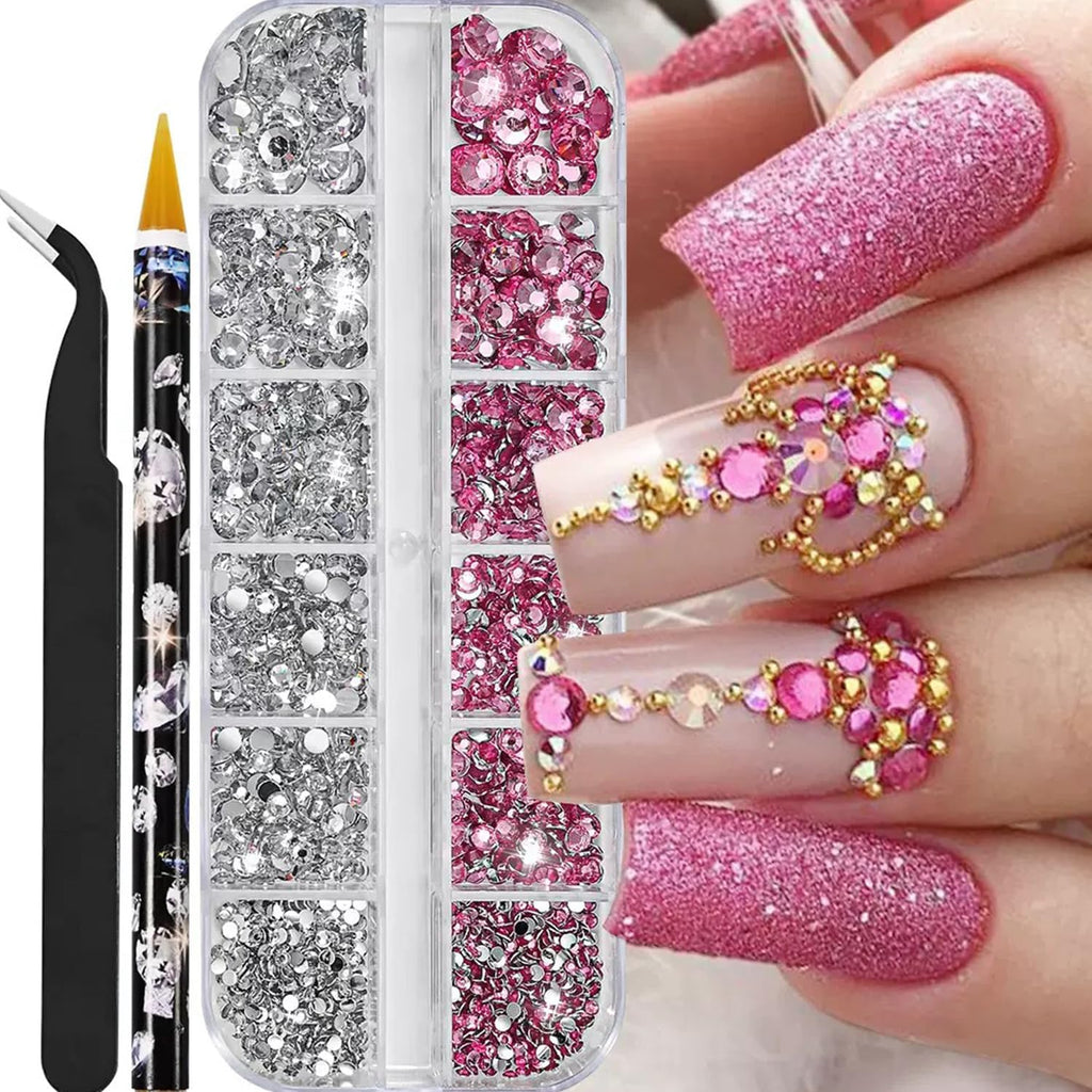 Nail Rhinestones, Flatback  . Mix 5 Sizes . with Dotting Pen and Tweezer