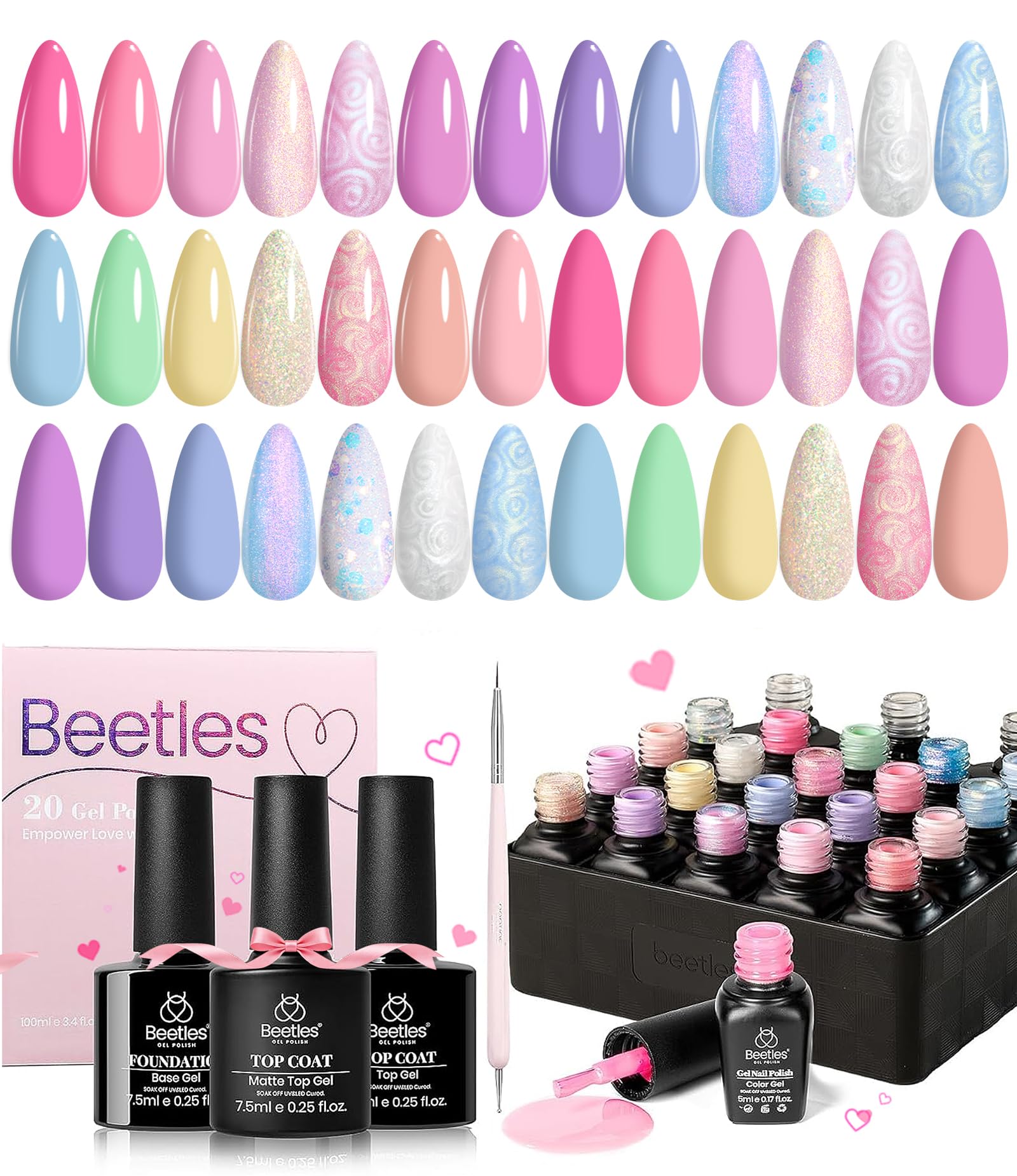 16 diff packs . Beetles GelNail Polish Kit, 20 Colors Soak Off Gel Polish with 1 Base Coat 1 Glossy & 1 Matte Top Coat