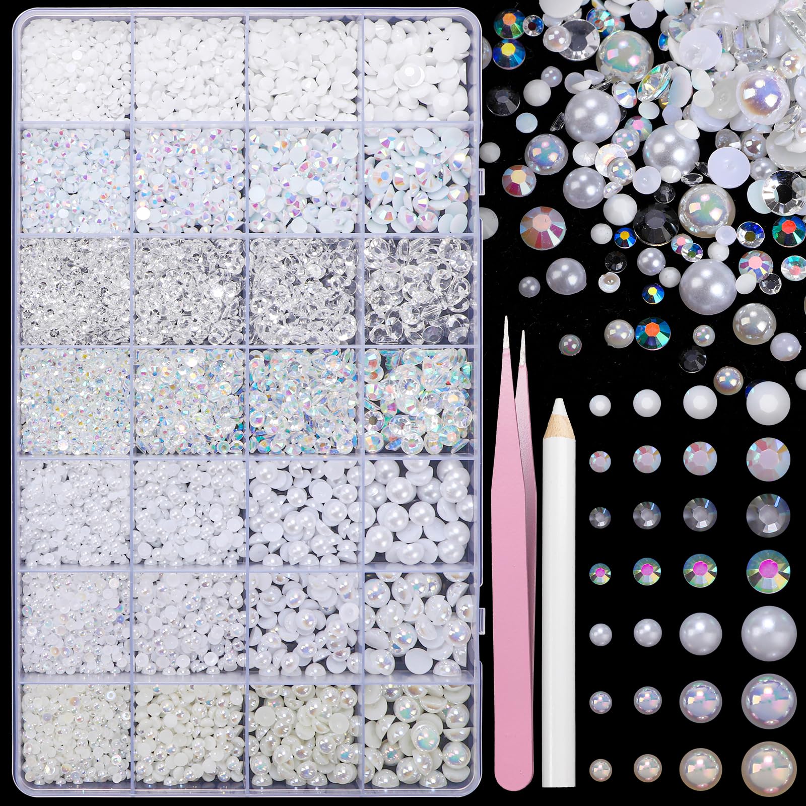 22000 Pcs Flatback Pearls and Rhinestones Bedazzling Kit, Mixed Size Half Pearls Gemsn  ( 8 different colors )