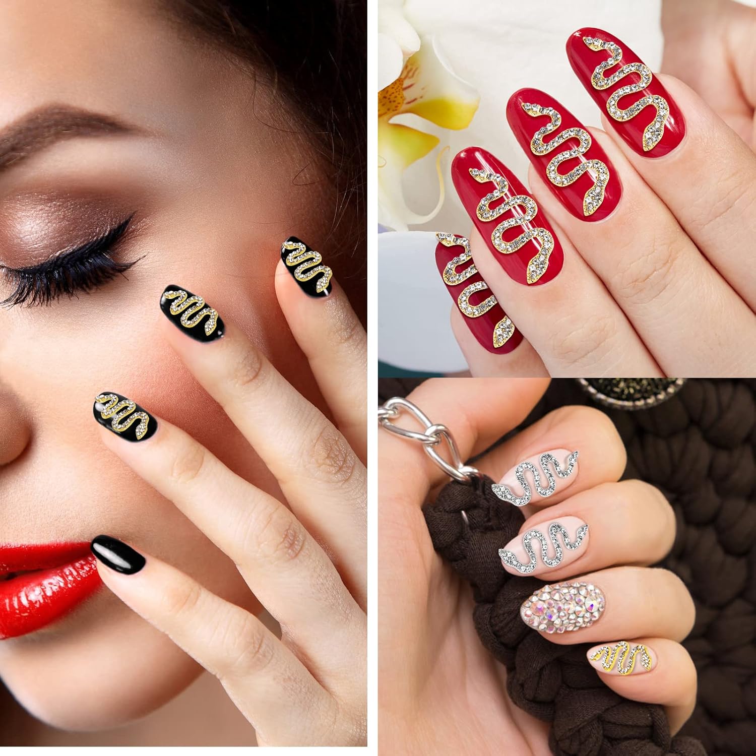 10 Pieces 3D Snake Nail Charms Set,Snake Nail Decorations Kit (Gold + Silver)